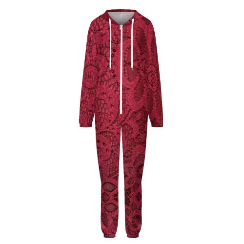 Burgundy Lace Print One-Piece Zip-Up Hooded Loungewear