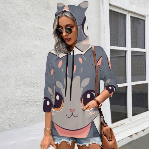 Cat cute Hooded Pullover Women's 3/4-Sleeve Hoodie