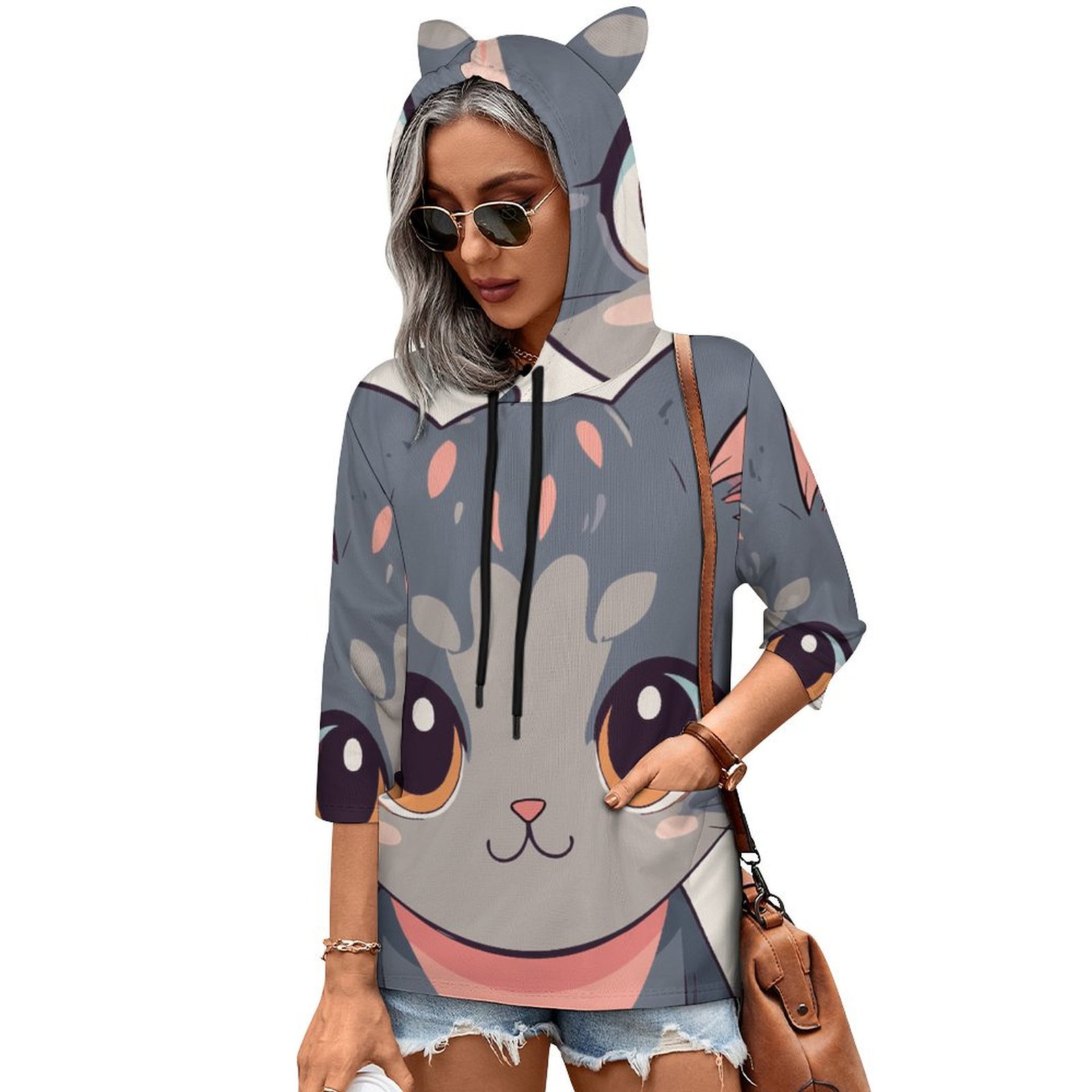 Cat cute Hooded Pullover Women's 3/4-Sleeve Hoodie