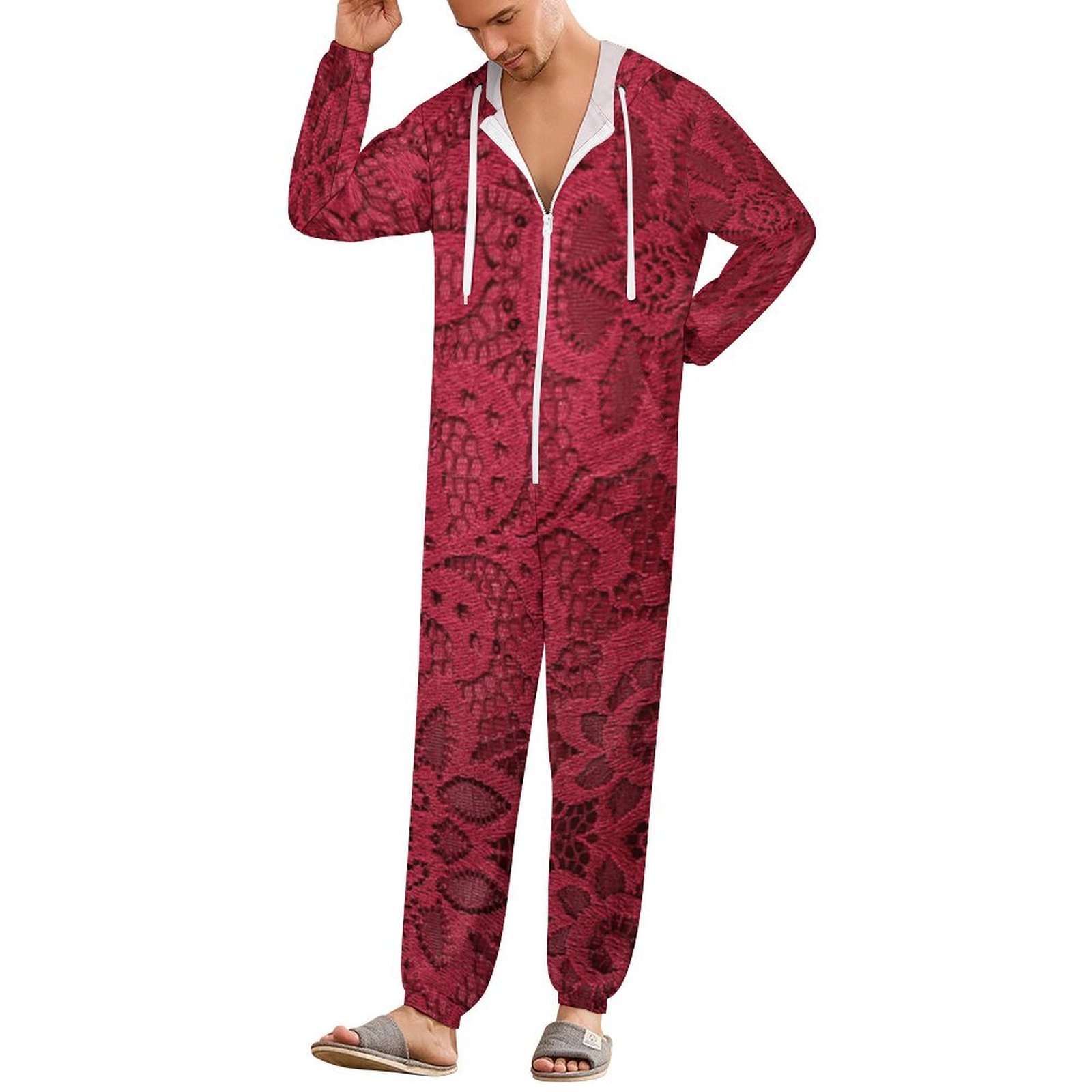 Burgundy Lace Print One-Piece Zip-Up Hooded Loungewear