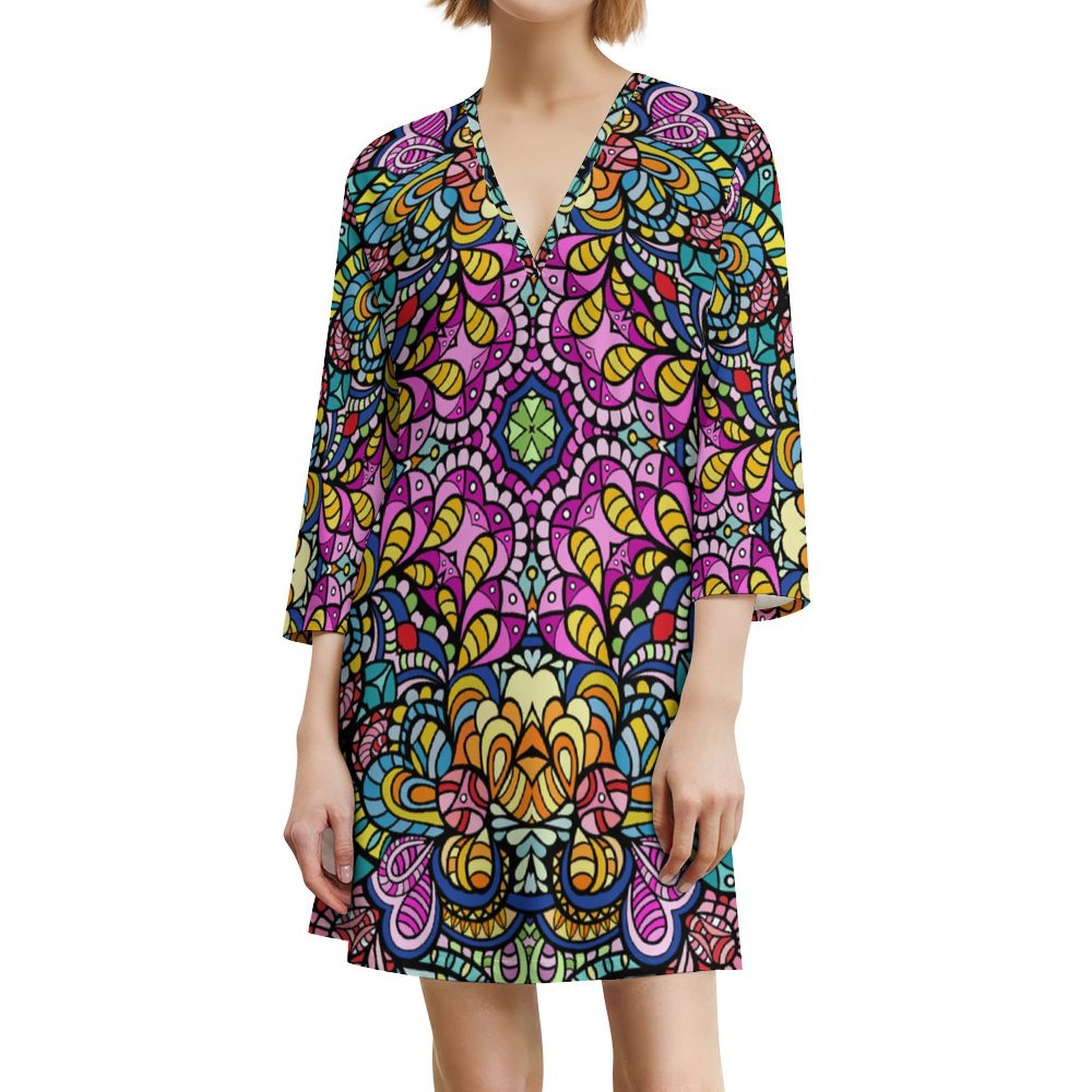 Sicilian Ceramics Kaleidoscope All-Over Print V-Neck Mini Dress