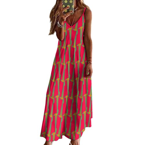 boho pink ornamental Spaghetti Strap Ankle-Length Dress