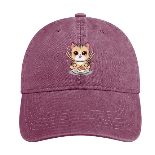 Kawaii cat eating sushi Curved Denim Trucker Hat