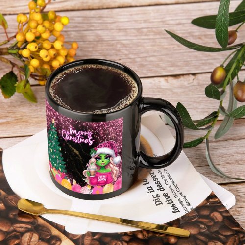 Female Christmas Grinch 14 oz Mug Black Mug