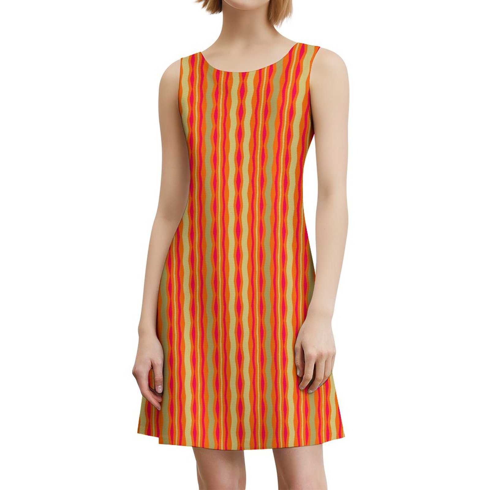 orange hot pink cream & beige striped 2 All Over Print Sleeveless Dress