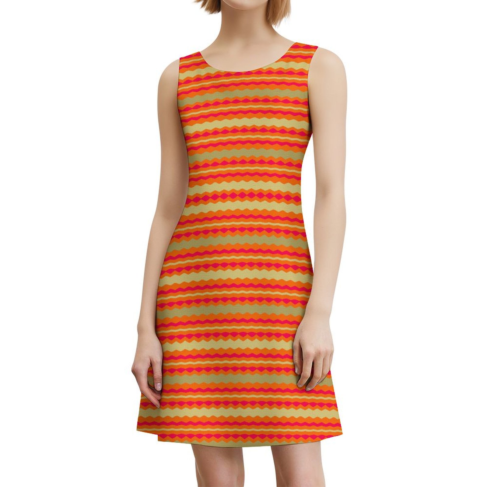 orange hot pink cream & beige striped All Over Print Sleeveless Dress