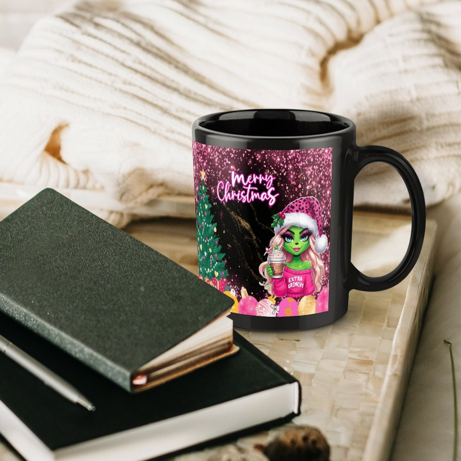 Female Christmas Grinch 14 oz Mug Black Mug