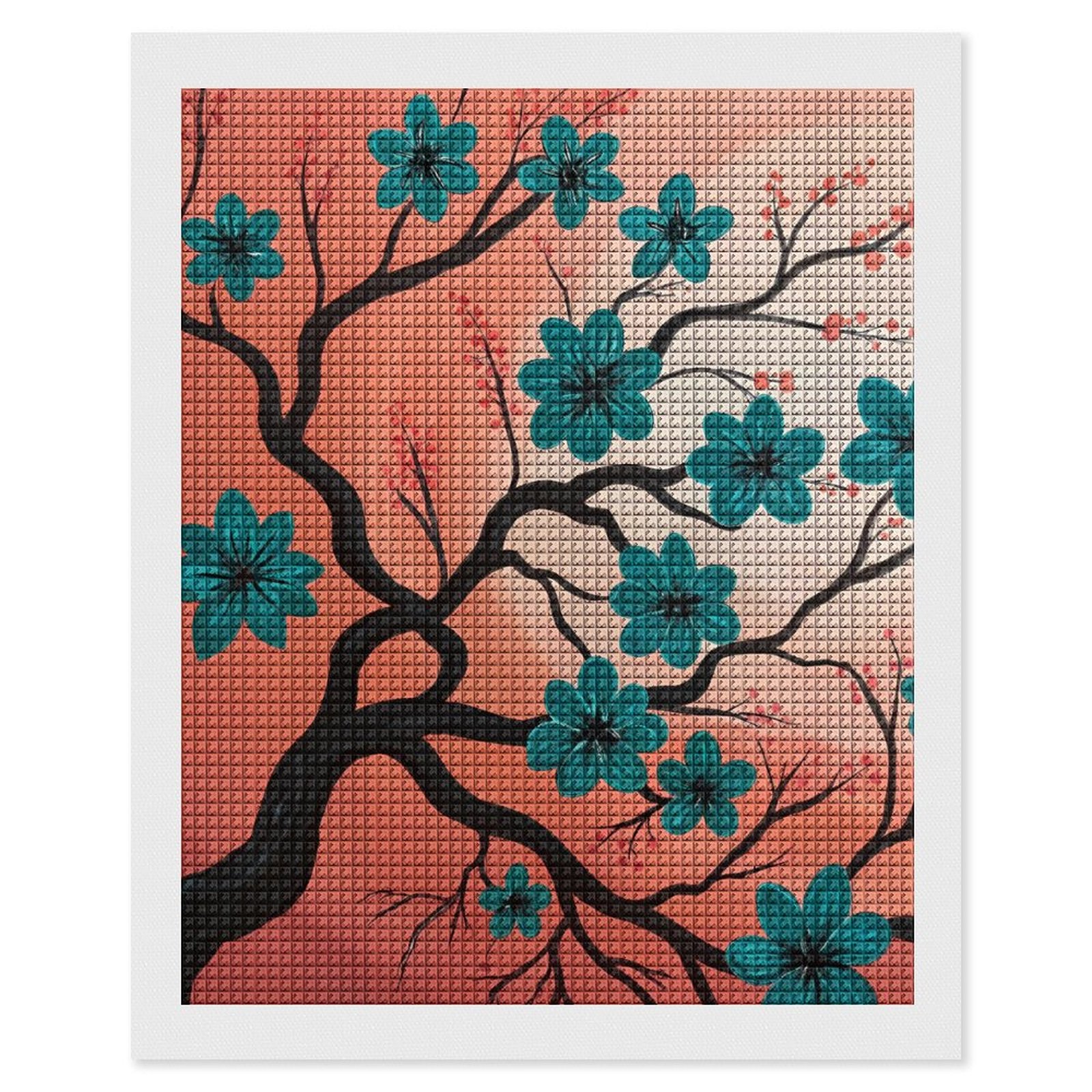 Teal Blossoms on Coral Sky