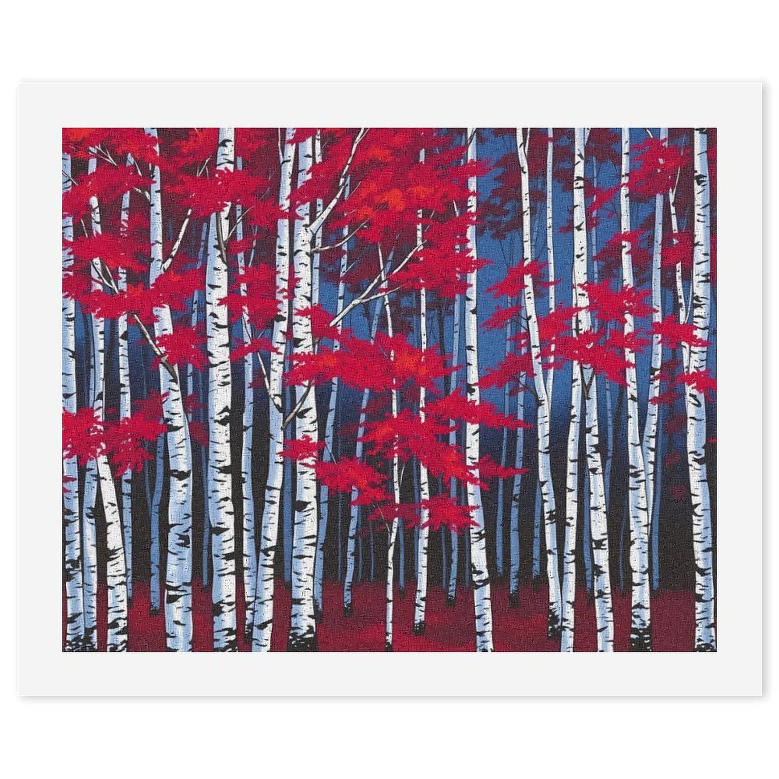 Crimson Leaves on White Birch