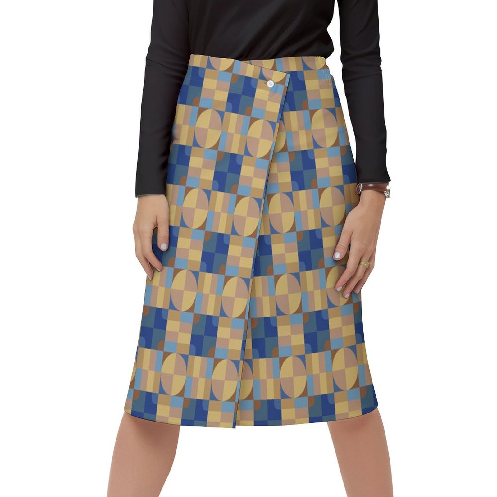 Blue and Golden Yellow Geometric Pattern Women's Wrap Skirt