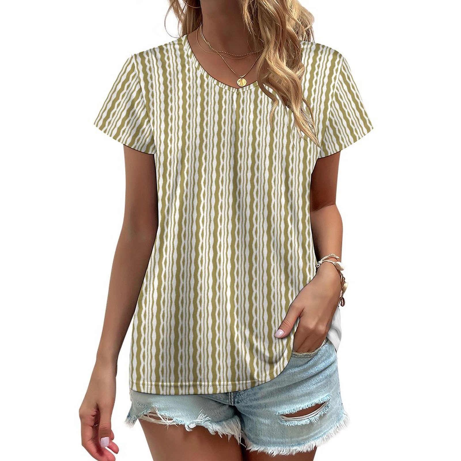 boho striped white & beige Women's V-Neck Short Sleeve T-Shirt