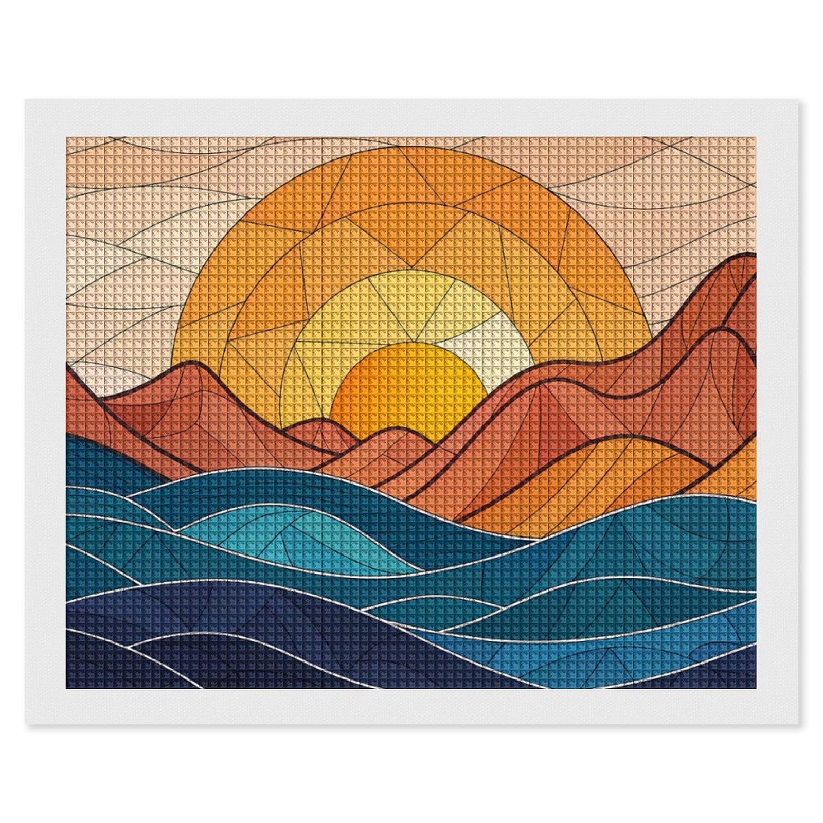 Stained Glass Sunset Over Mountainous Waves