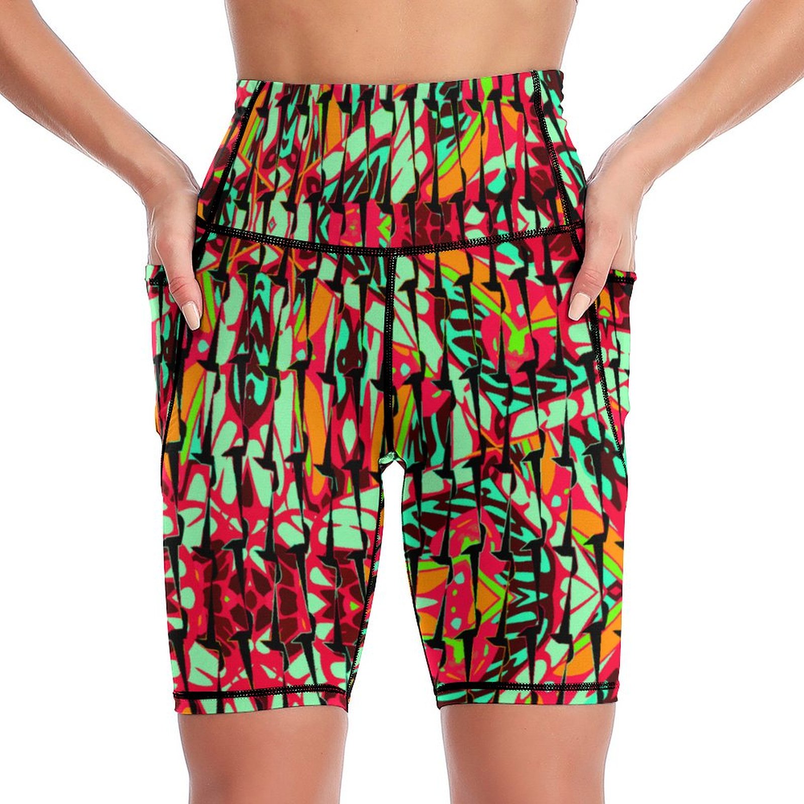 Psychedelic vibrant ornamental neo retro black Women's Knee-Length Yoga Shorts