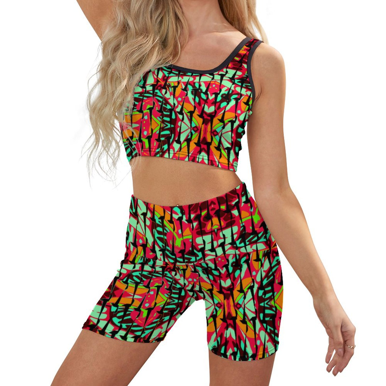 Psychedelic vibrant ornamental neo retro black Thread Yoga Vest Set (NZ063)