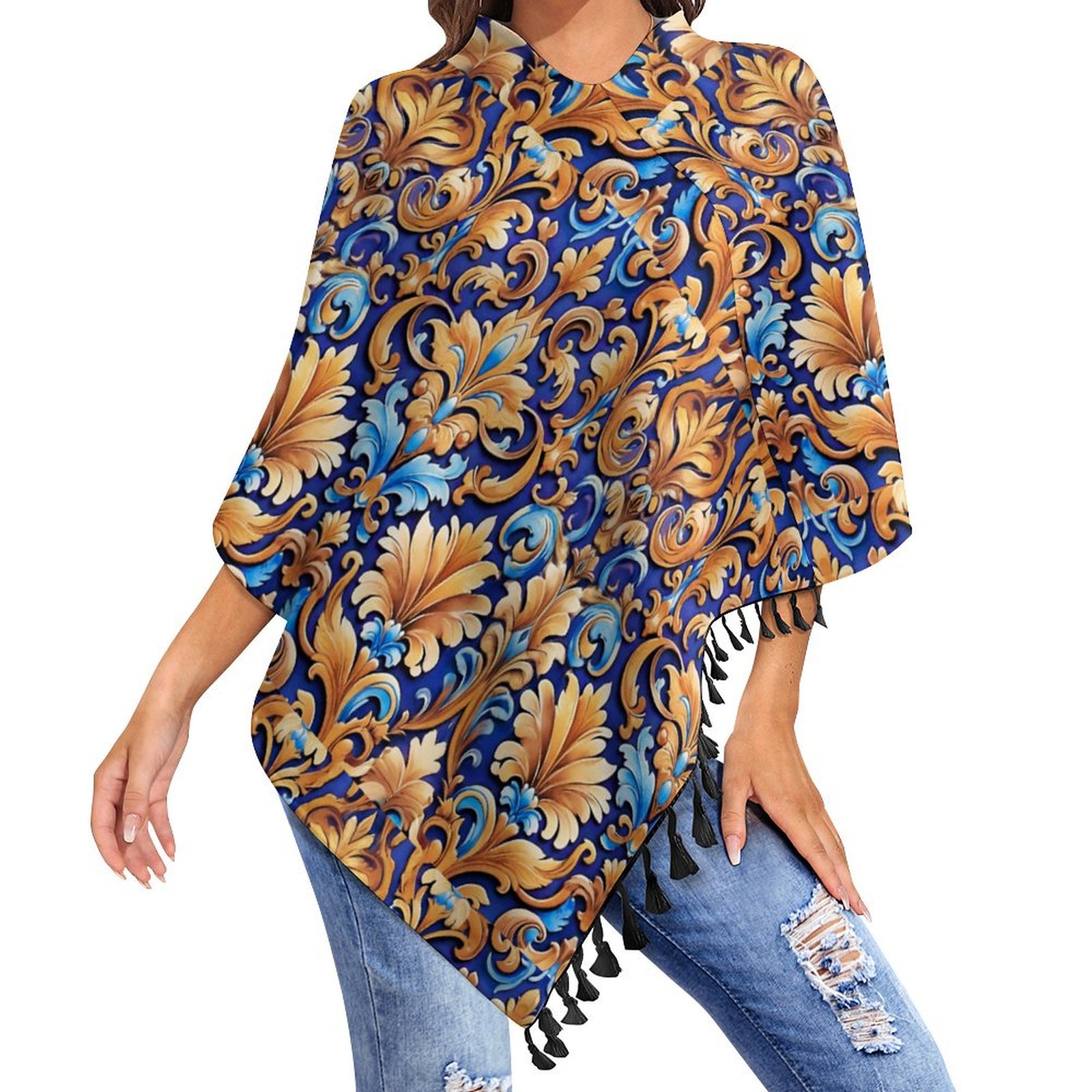 Western Boho Gypsy Damask Pattern Tassel Cape