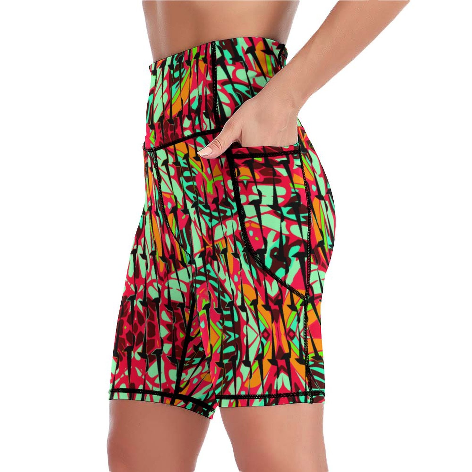 Psychedelic vibrant ornamental neo retro black Women's Knee-Length Yoga Shorts