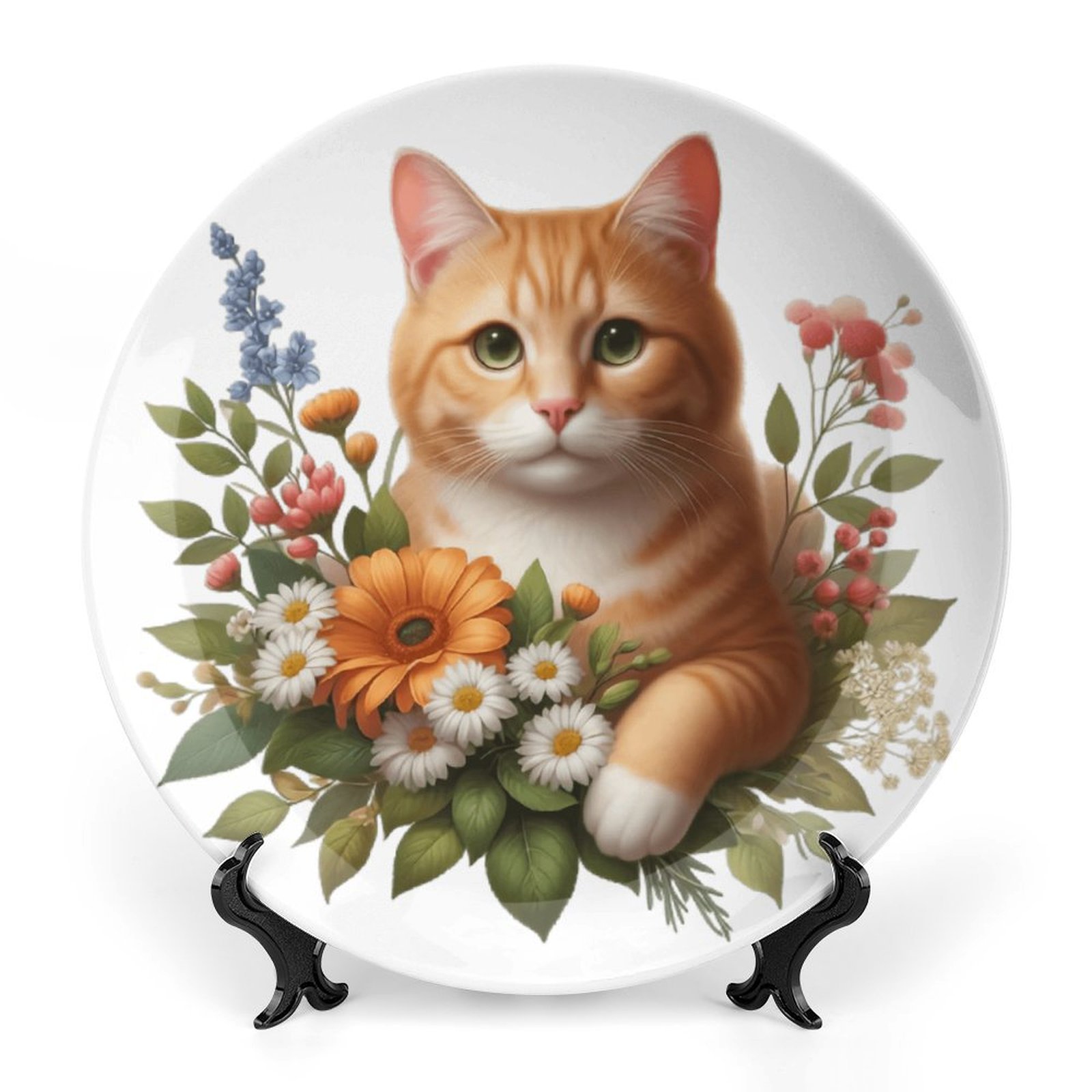 Ginger Cat & Flowers Bone China decorative plate