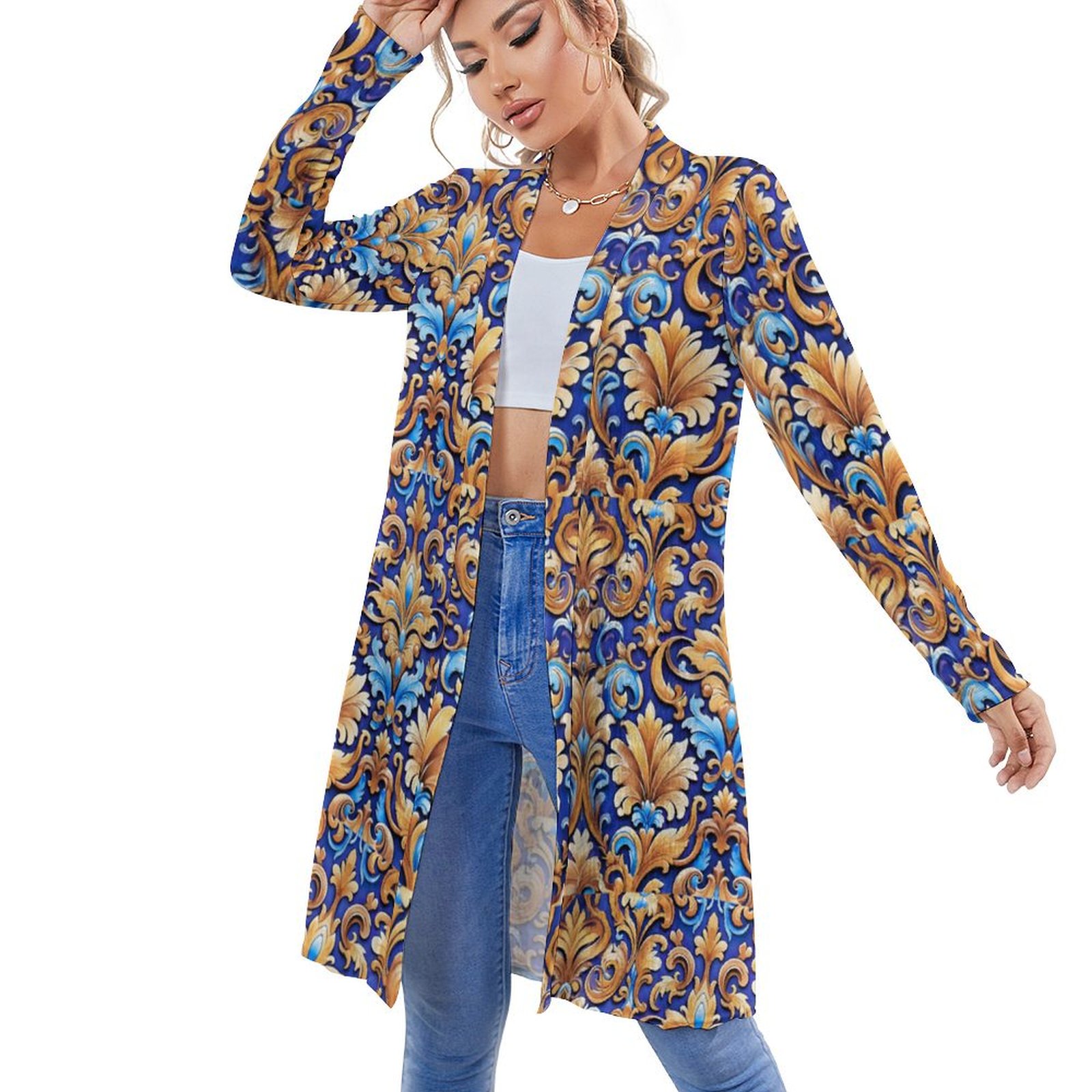 Western Damask Pattern Boho Blues Women's knitted cardigan