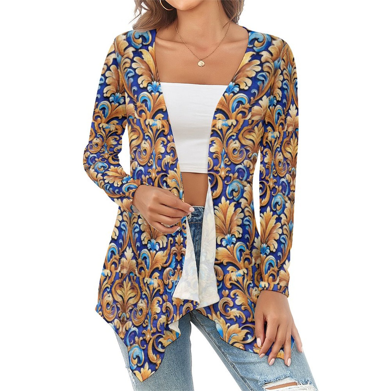 Western Damask Pattern Boho Blues Women's knitted cardigan