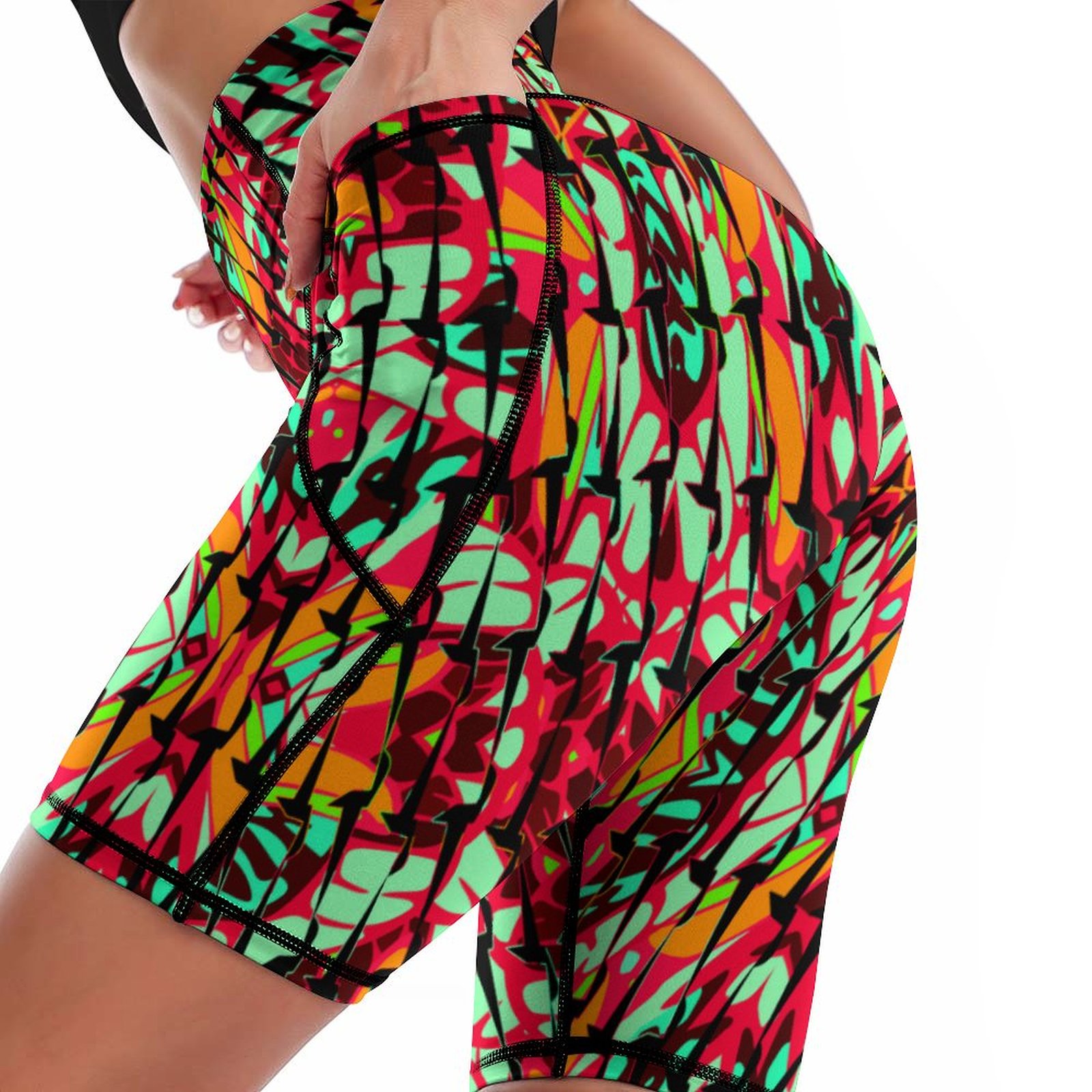 Psychedelic vibrant ornamental neo retro black Women's Knee-Length Yoga Shorts
