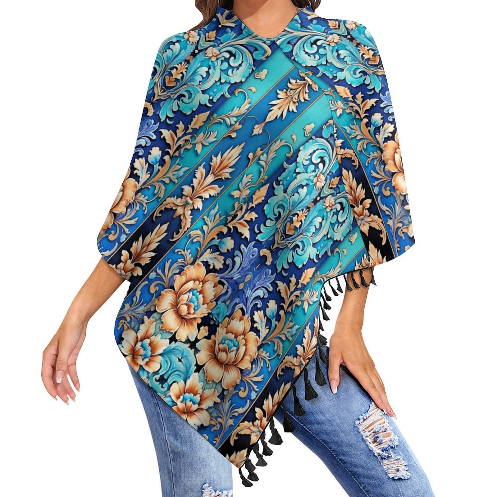 Turquoise Tan Floral Damask Tile Western Style Tassel Cape