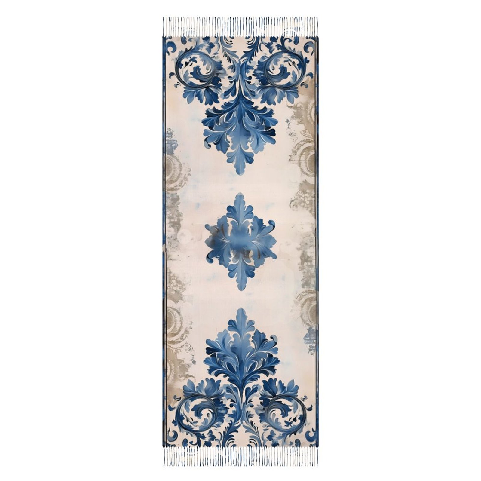 Vintage Blue and Antiqued White Floral Damask Tassel scarf