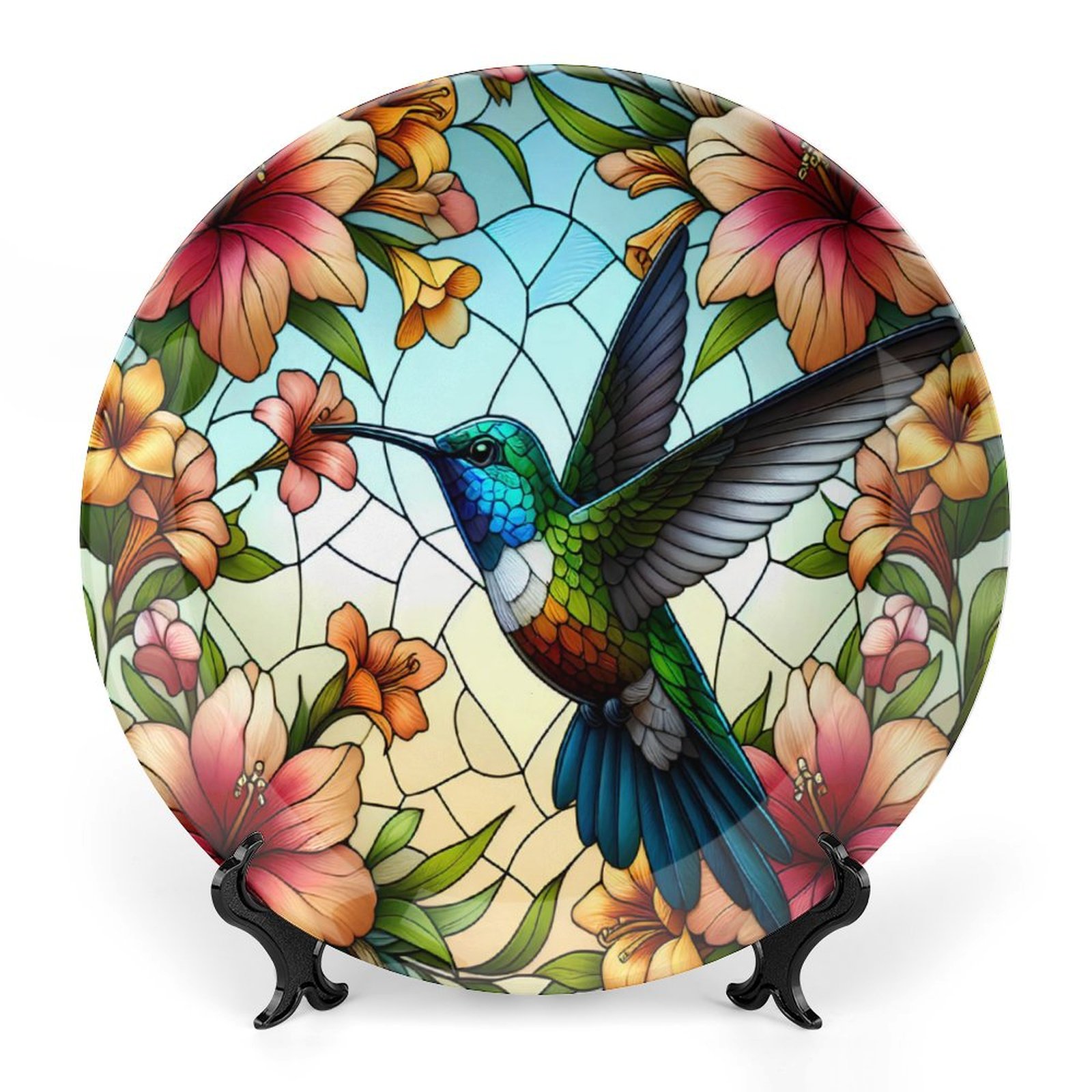 Hummingbird & Floral Stained Glass EffectBone China decorative plate