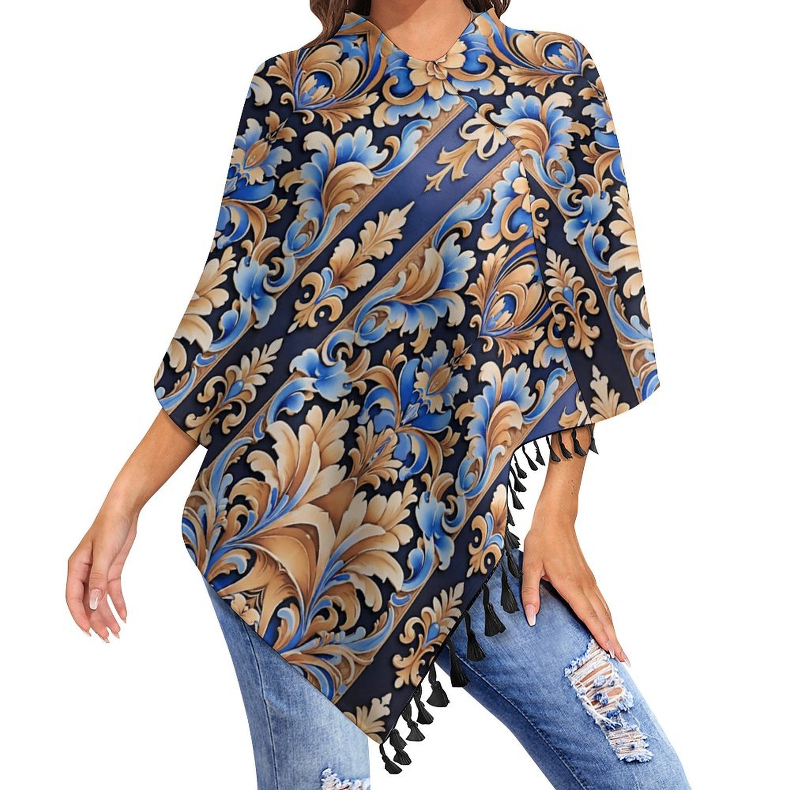 Boho Cowgirl Western Floral Damask Tassel Cape