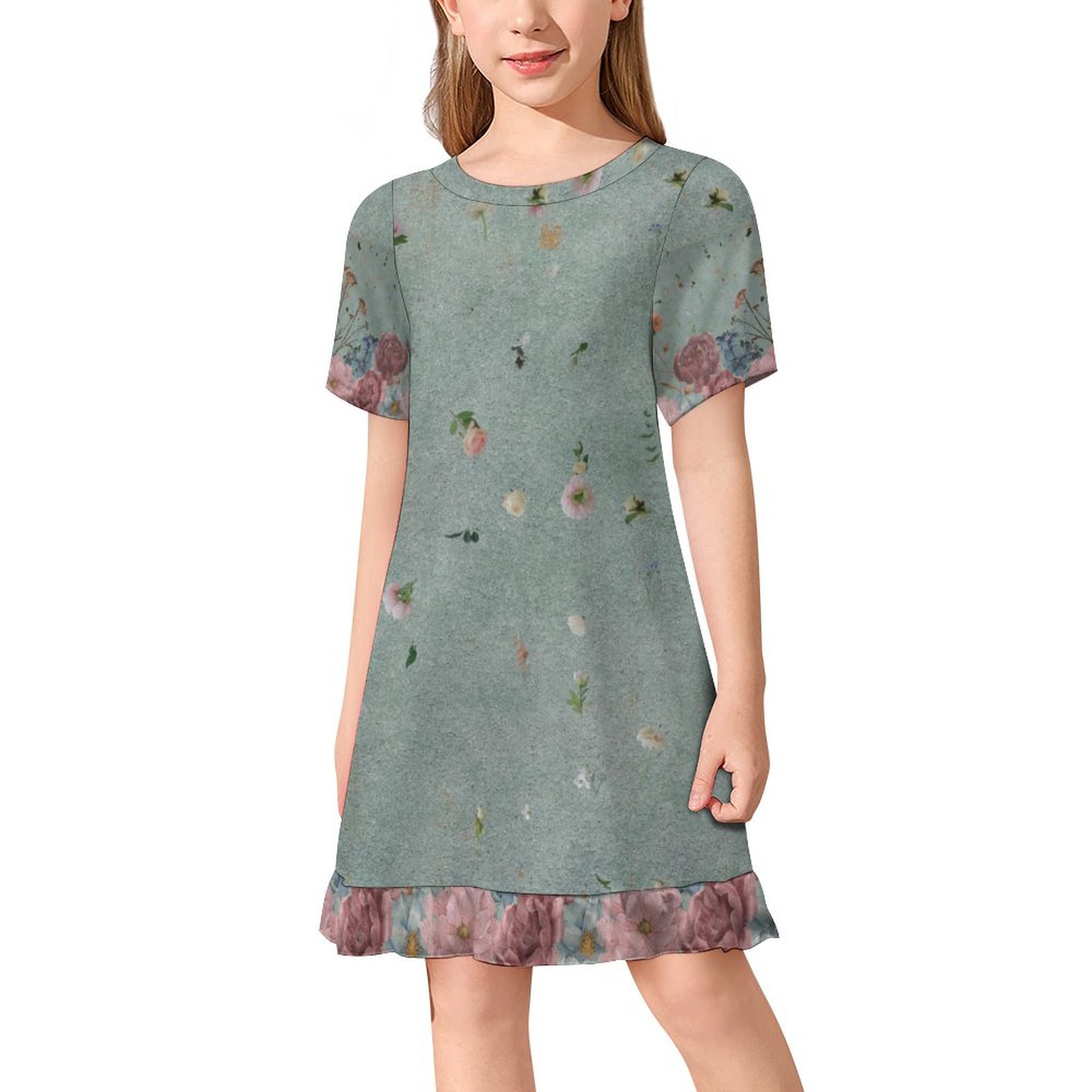 Bohemian Girls Dress, Adorable with slightly floral body, and Roses on the sleeves and Frill