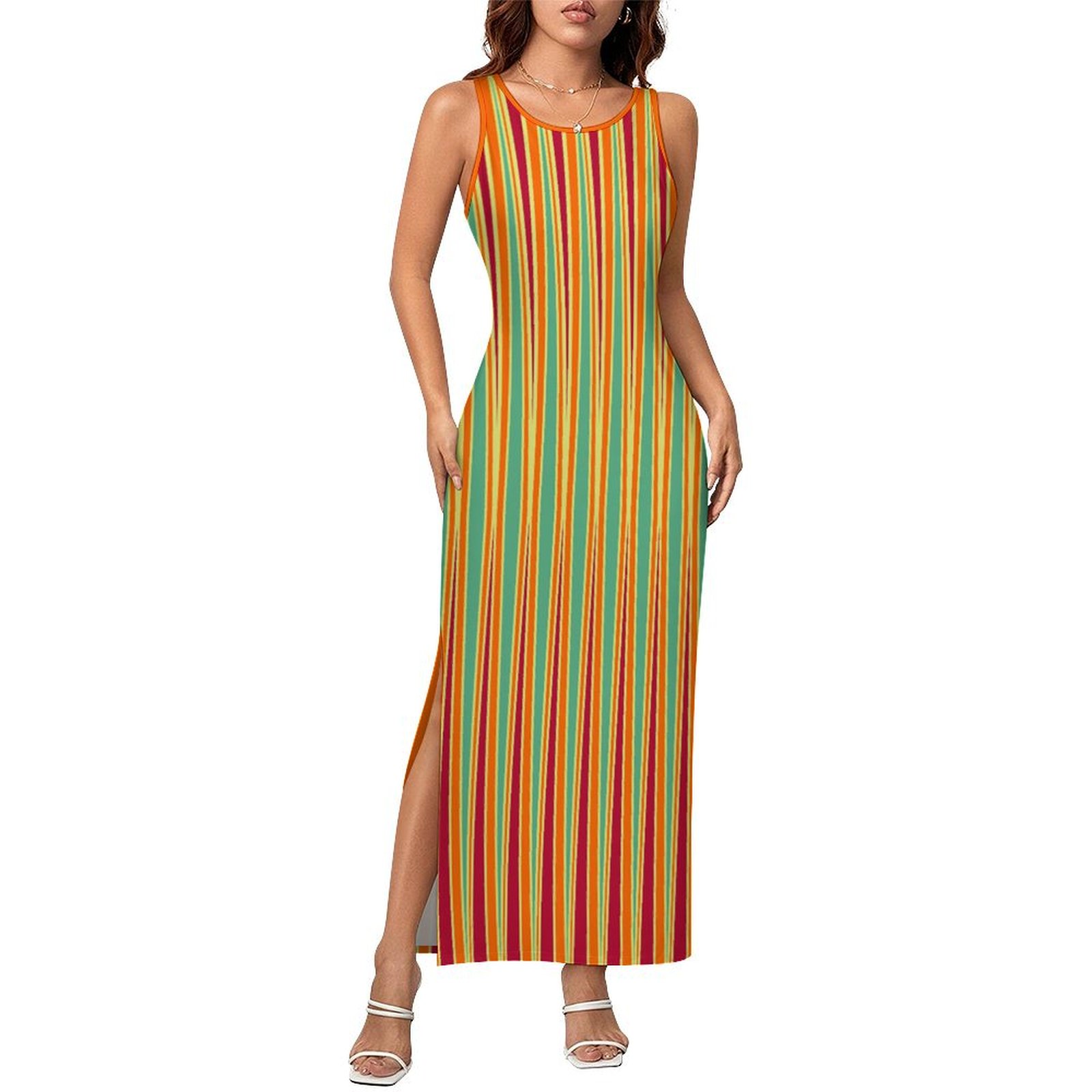 Tribal striped burgundy orange cream azure Sleeveless Bodycon Side Slit Long Dress
