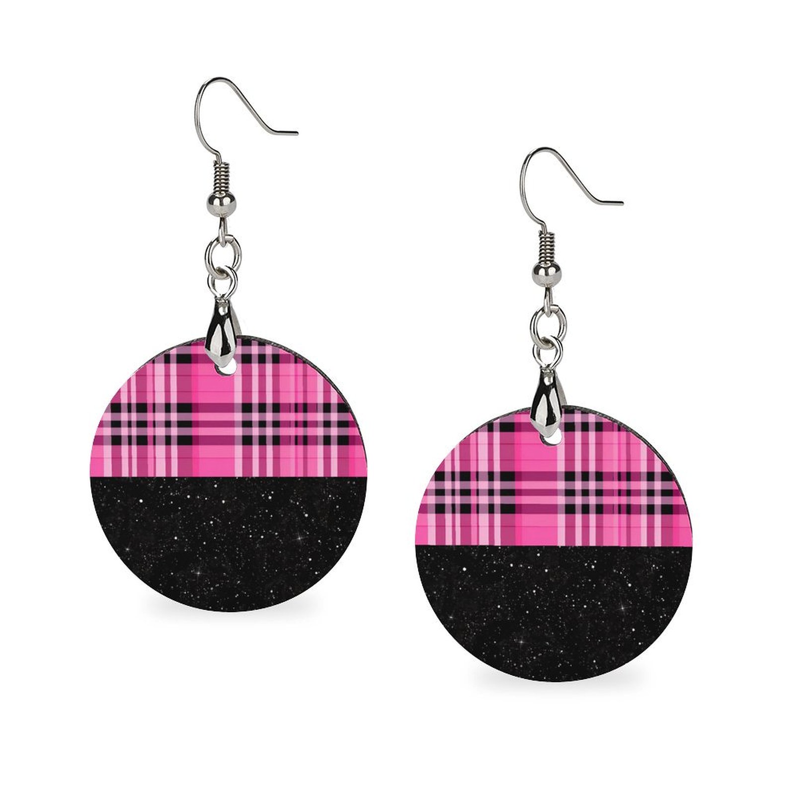 Pink and black plaid Wooden earrings pendant