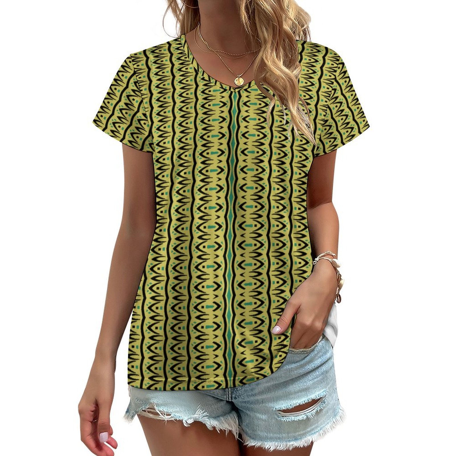 tribal beige cyan & black Women's V-Neck Short Sleeve T-Shirt