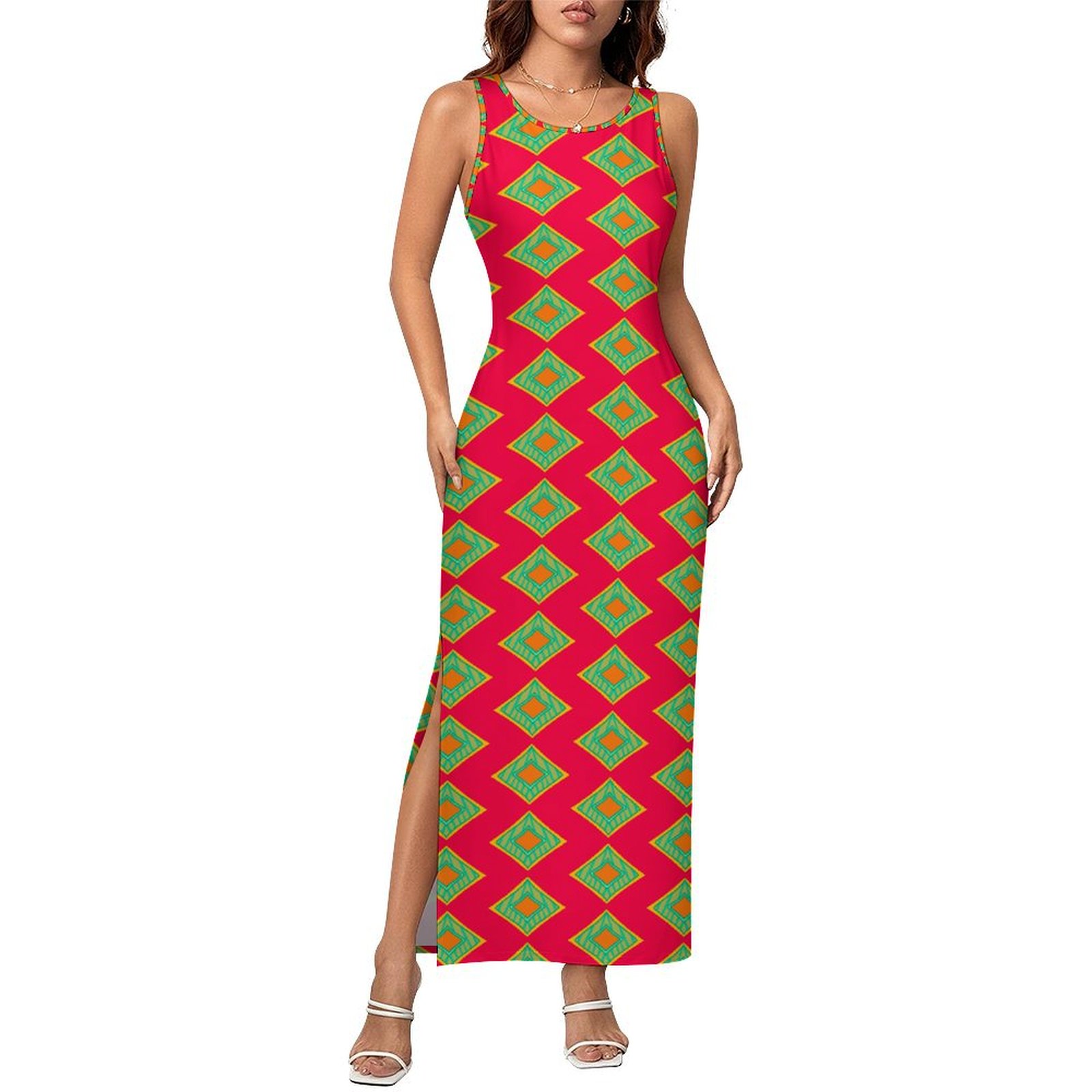 geo vibrant Sleeveless Bodycon Side Slit Long Dress