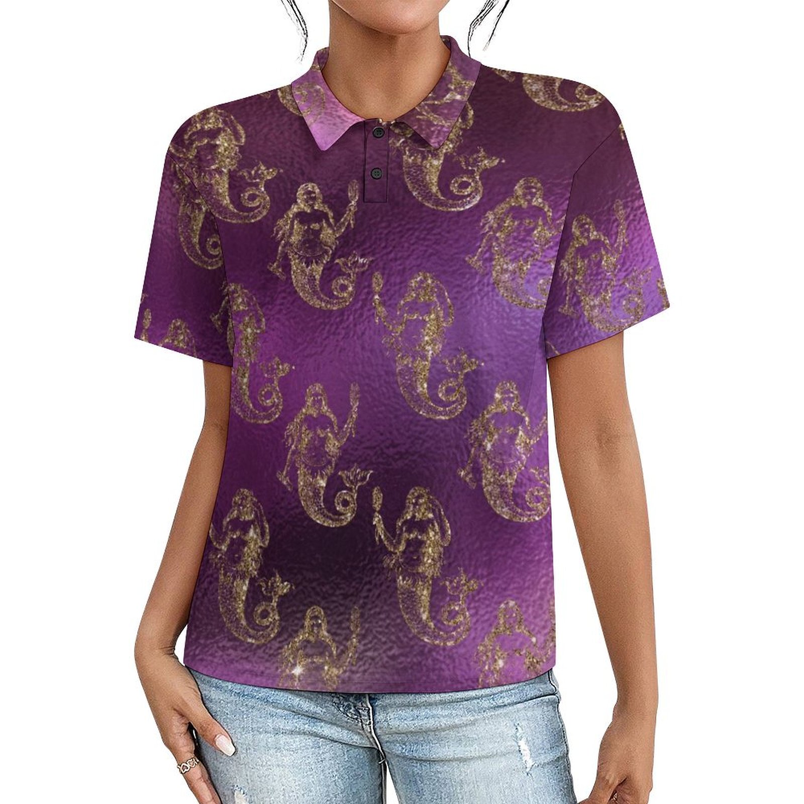 Shoulder buttoned polo shirt Women's Purple and gold