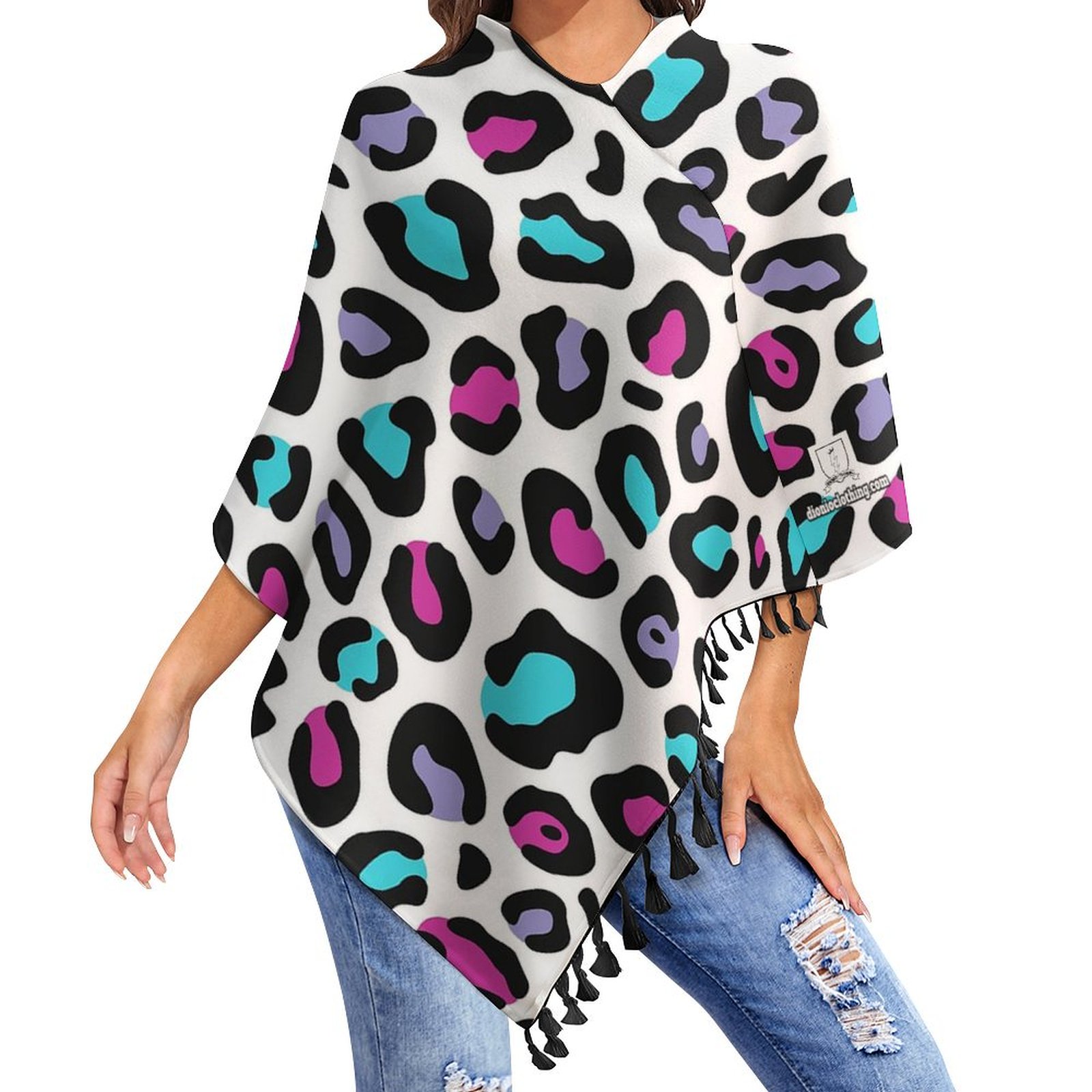 DIONIO Clothing - Ladies' White Cheetah Tassel Cape