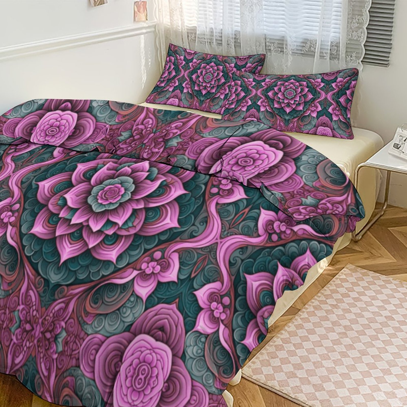 Pink Floral Mandala – Intricate Boho Lotus3-Piece Bedding Set (1 Duvet Cover + 2 Pillow Shams)