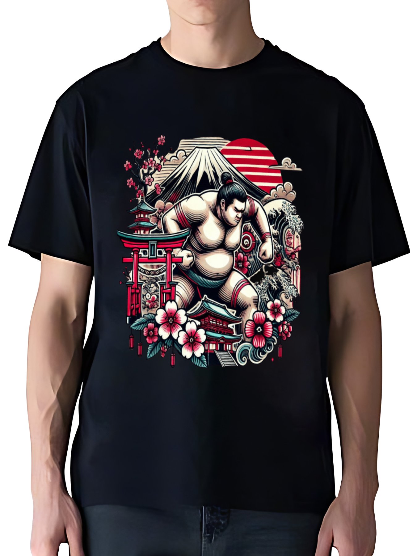 Samurai Spirit – Japanese Sumo T-Shirt with Fuji & Sakura Art