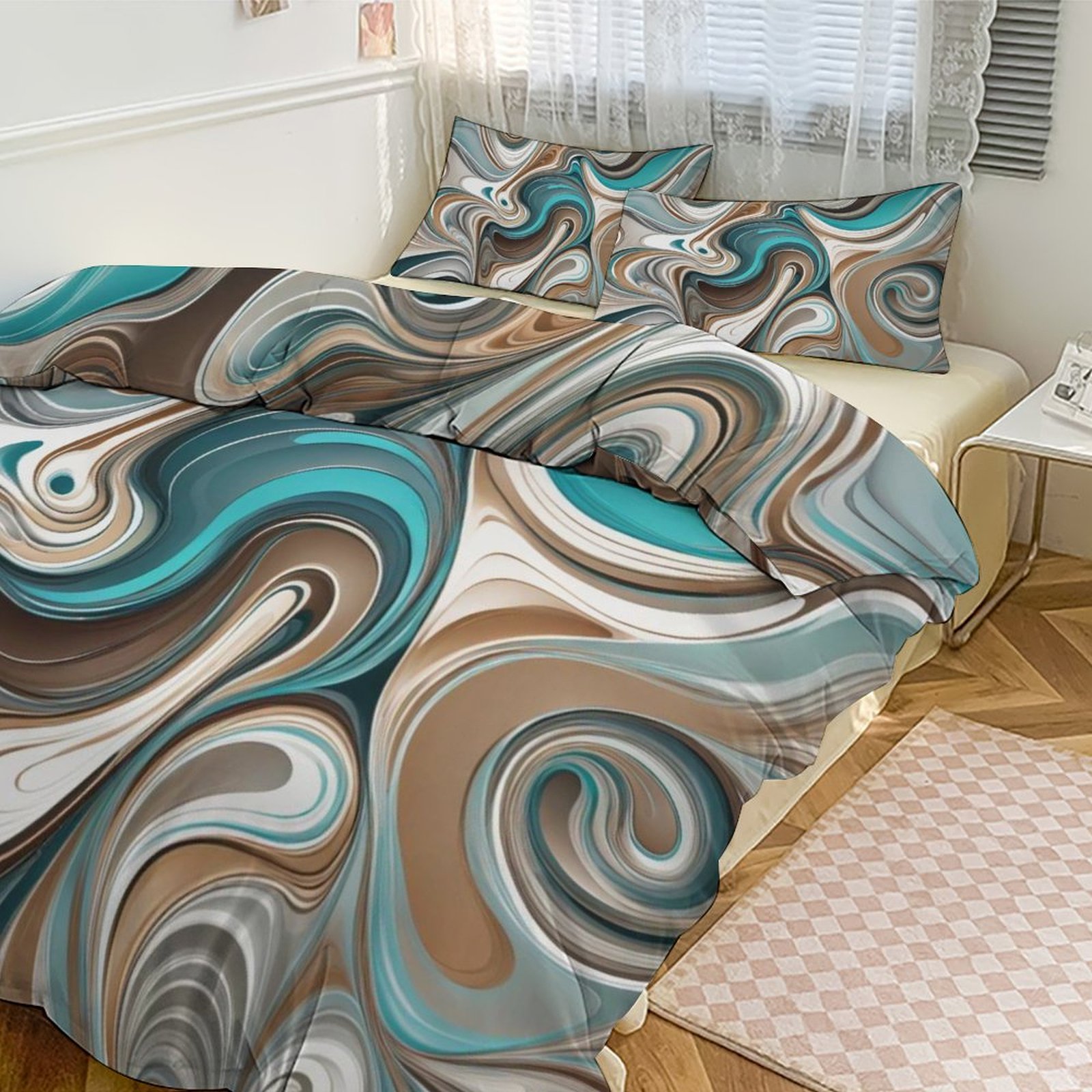 Modern Abstract Bedding | Teal, Brown & Neutral Swirl Design