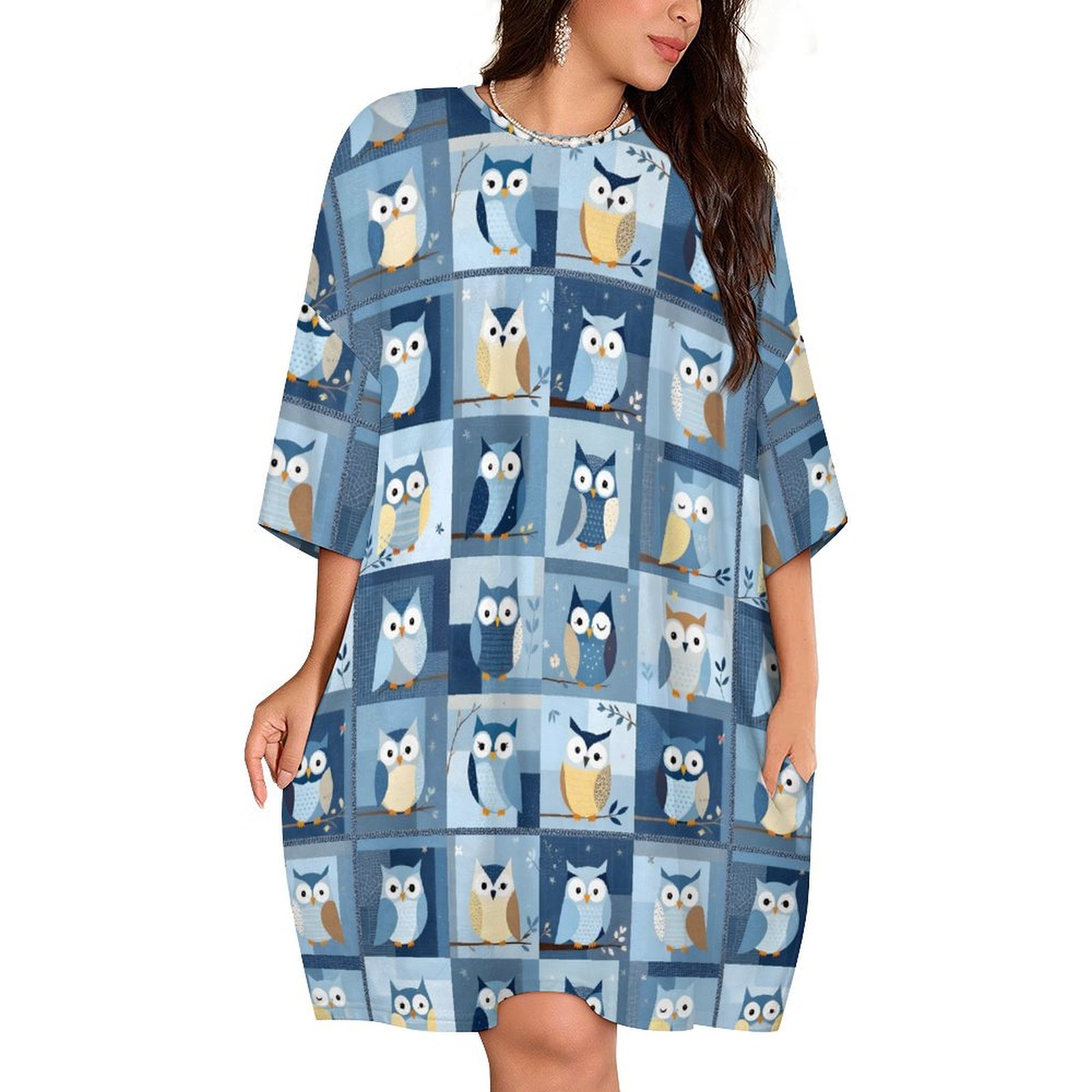Cute Blue Owls Plus Size Flannel Nightgown