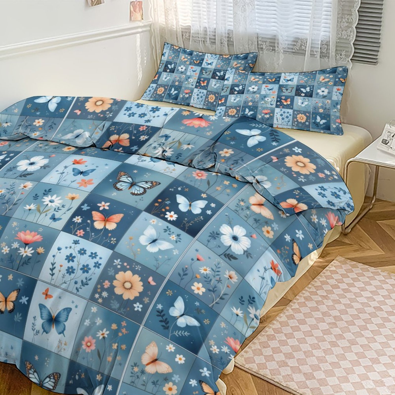 Blue Mosaic of Butterflies and Flowers