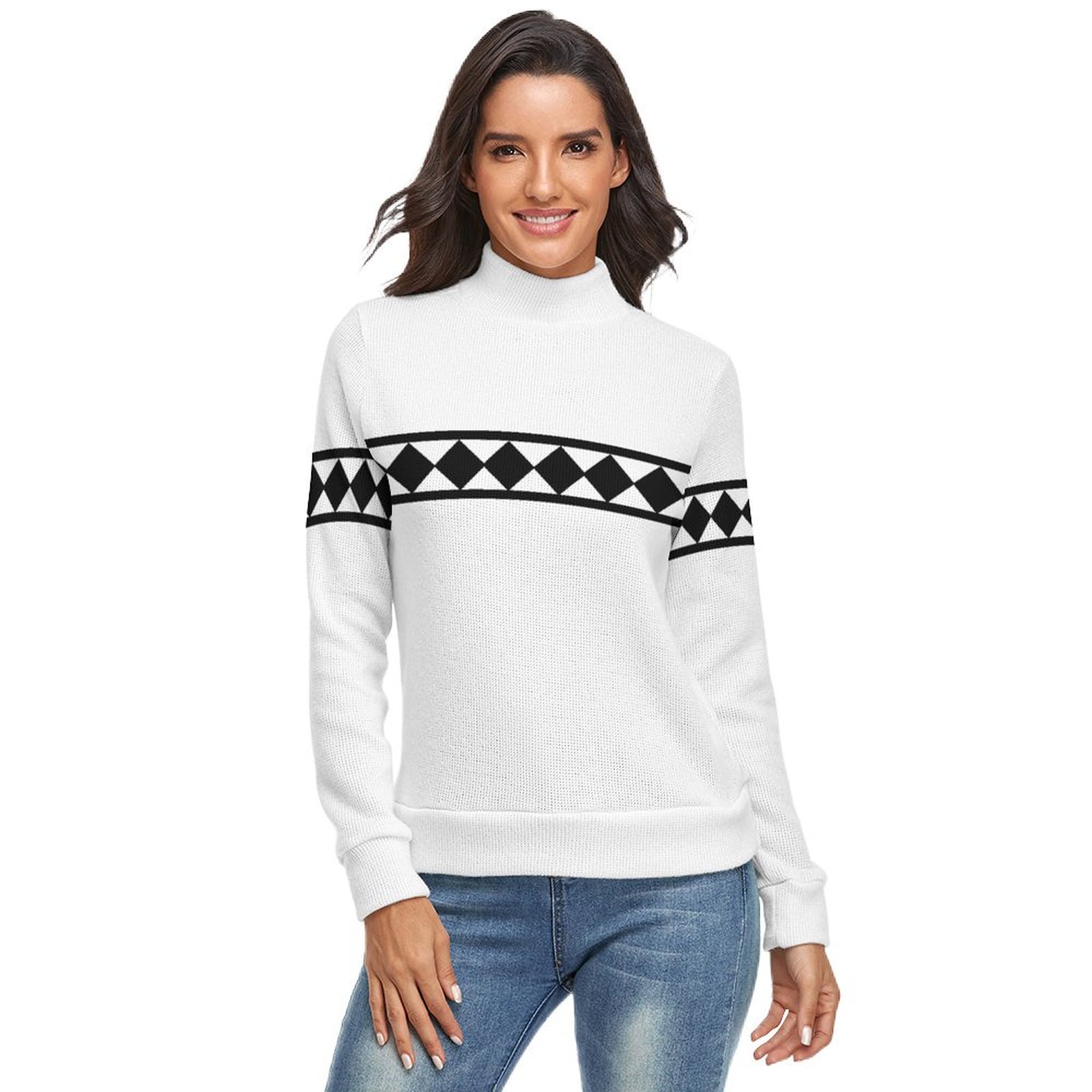 Barred Diamonds Stripe White Women's High Neck Sweater