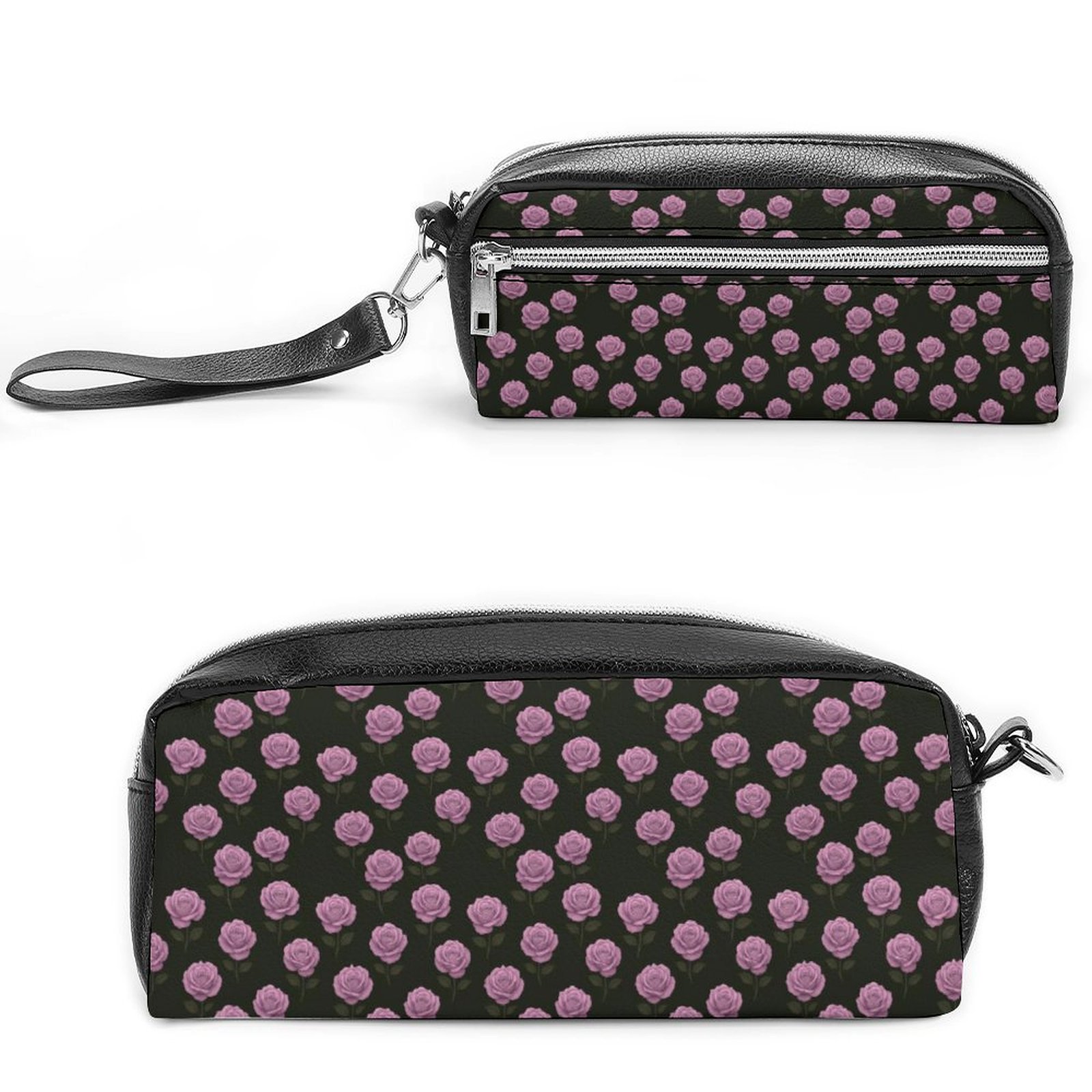 Purple Roses on a Black Background Pen Bag Small Cosmetic Bag