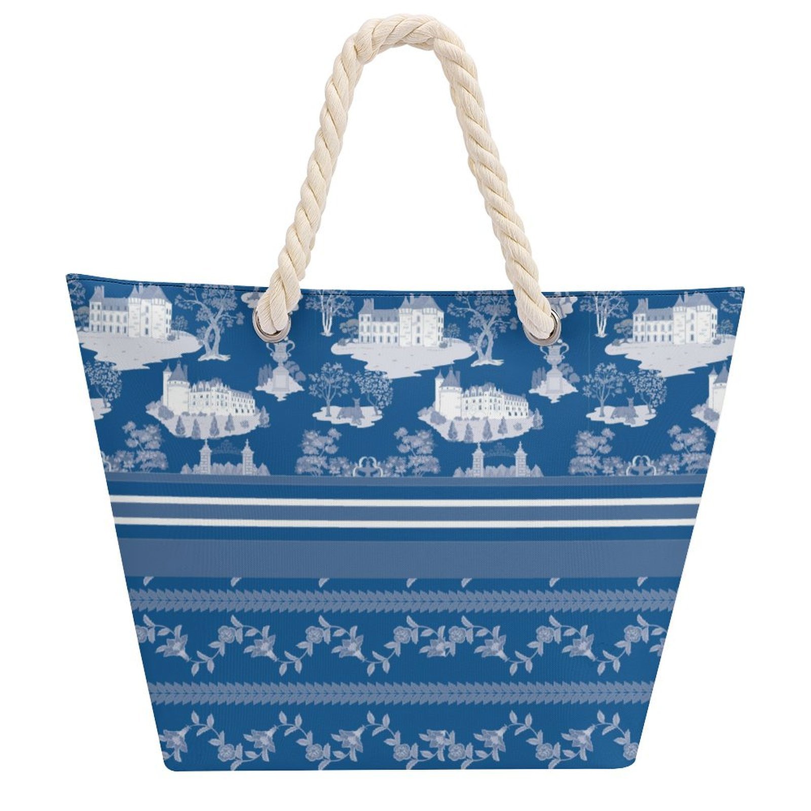 Blue & White Toile Hemp rope tote bag
