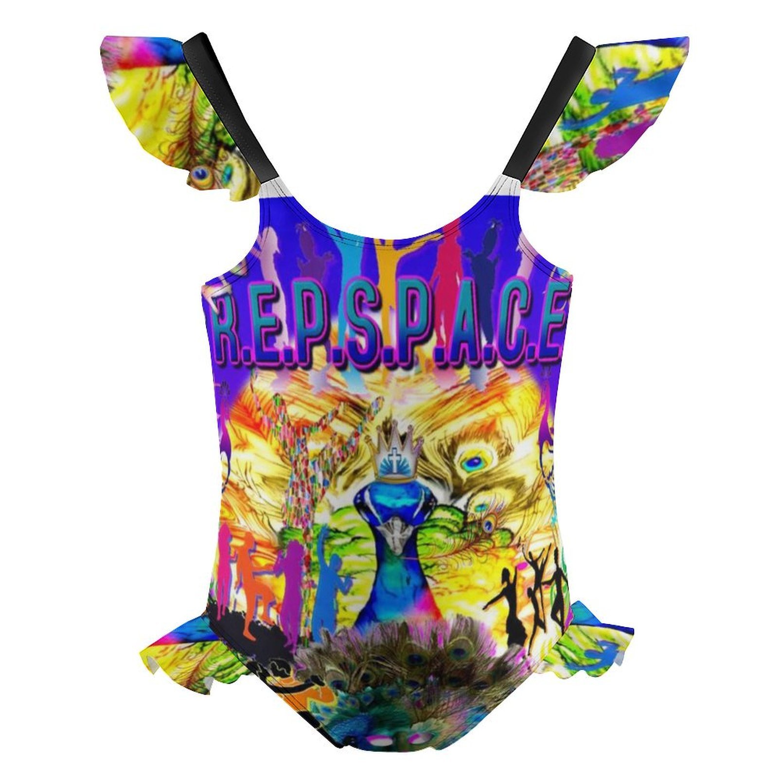 JNV REPSPACE SWIMSUIT COLORFUL PEACOCK RUFFLE SLEEVES