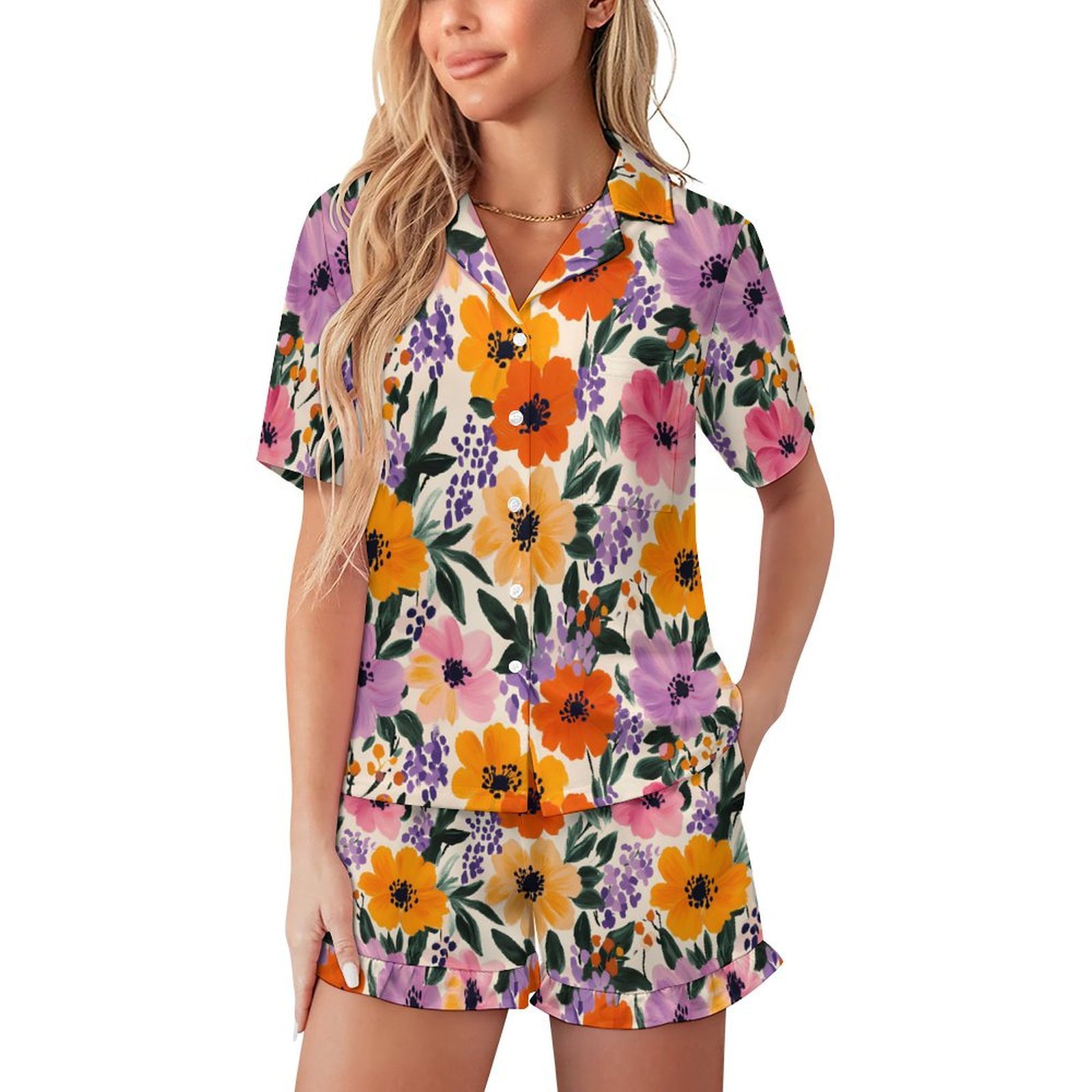 Womens 2 Piece Ruffled Short Sleeve Floral Pajamas Set