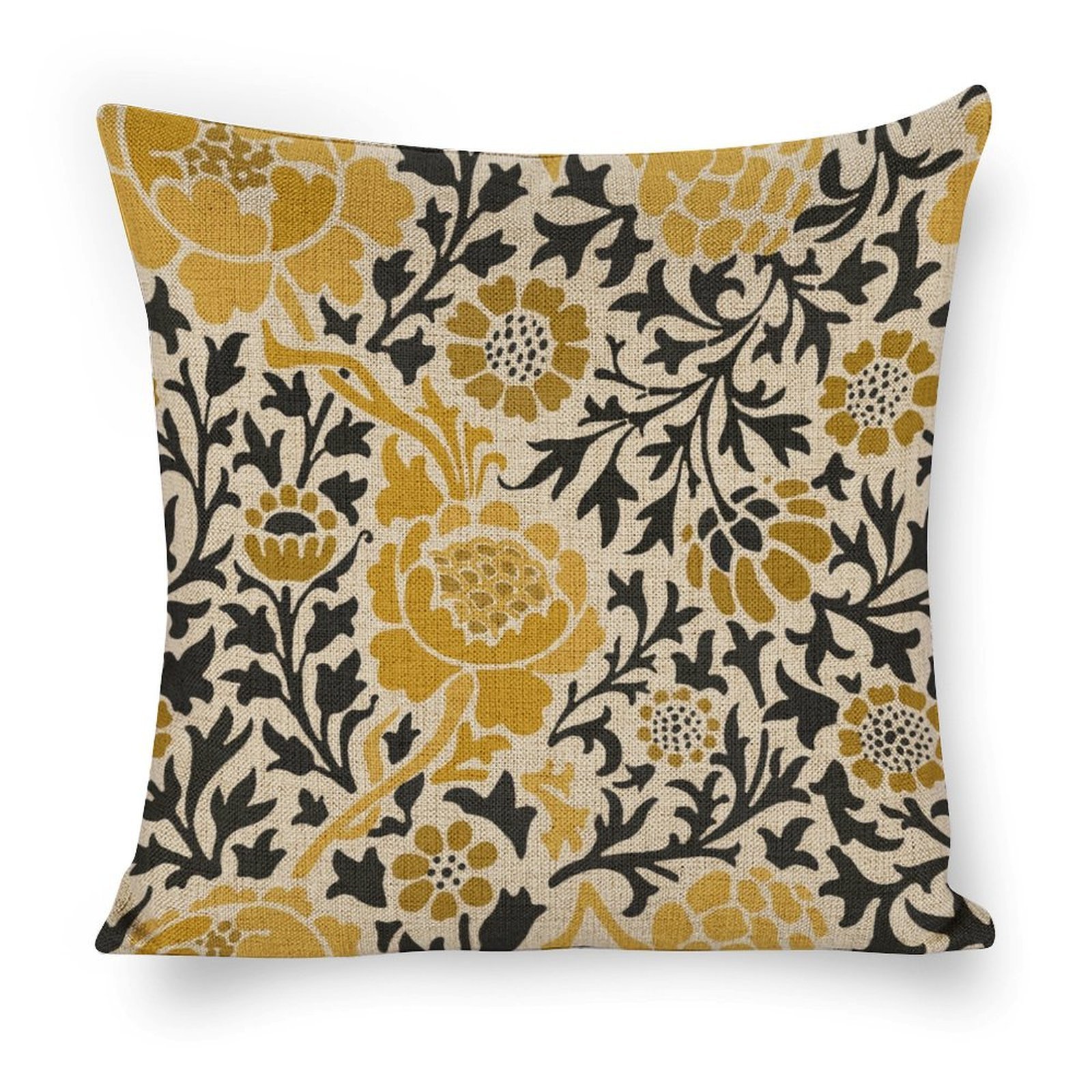 WMorris Gold and Black Floral Linen Pillow Case