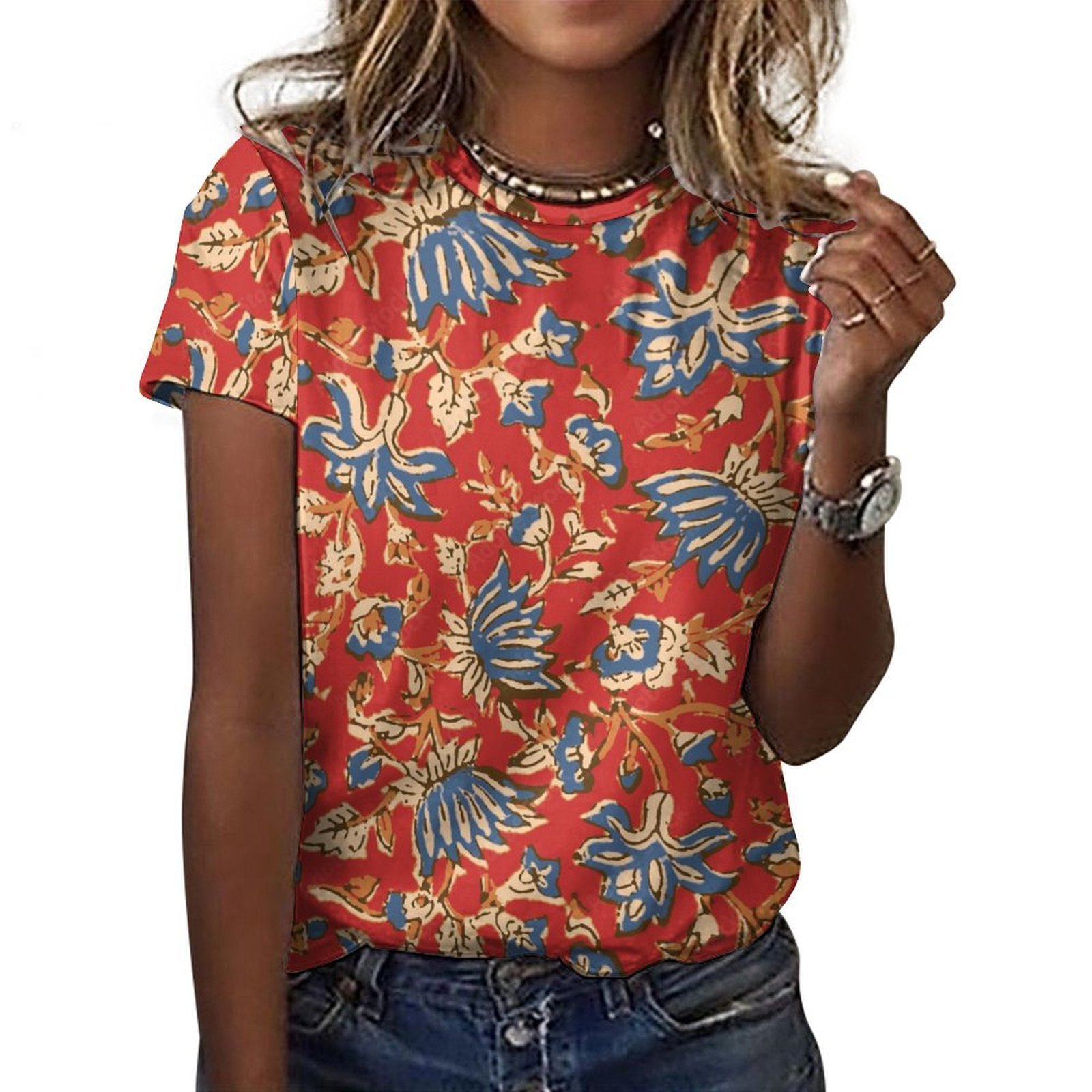 Maroon & Blue Floral Print Casual T-Shirt