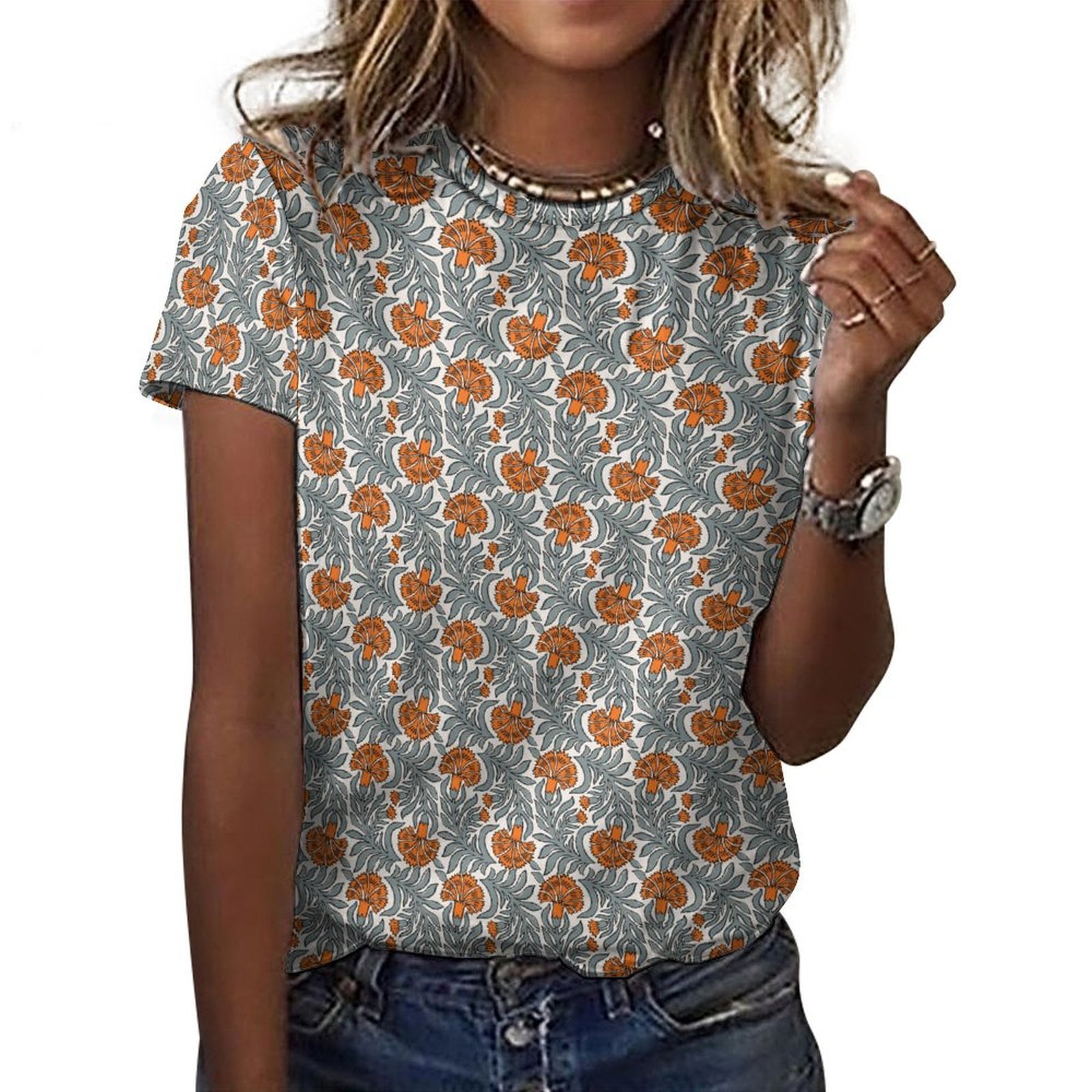 stylish orange floral print t-shirt