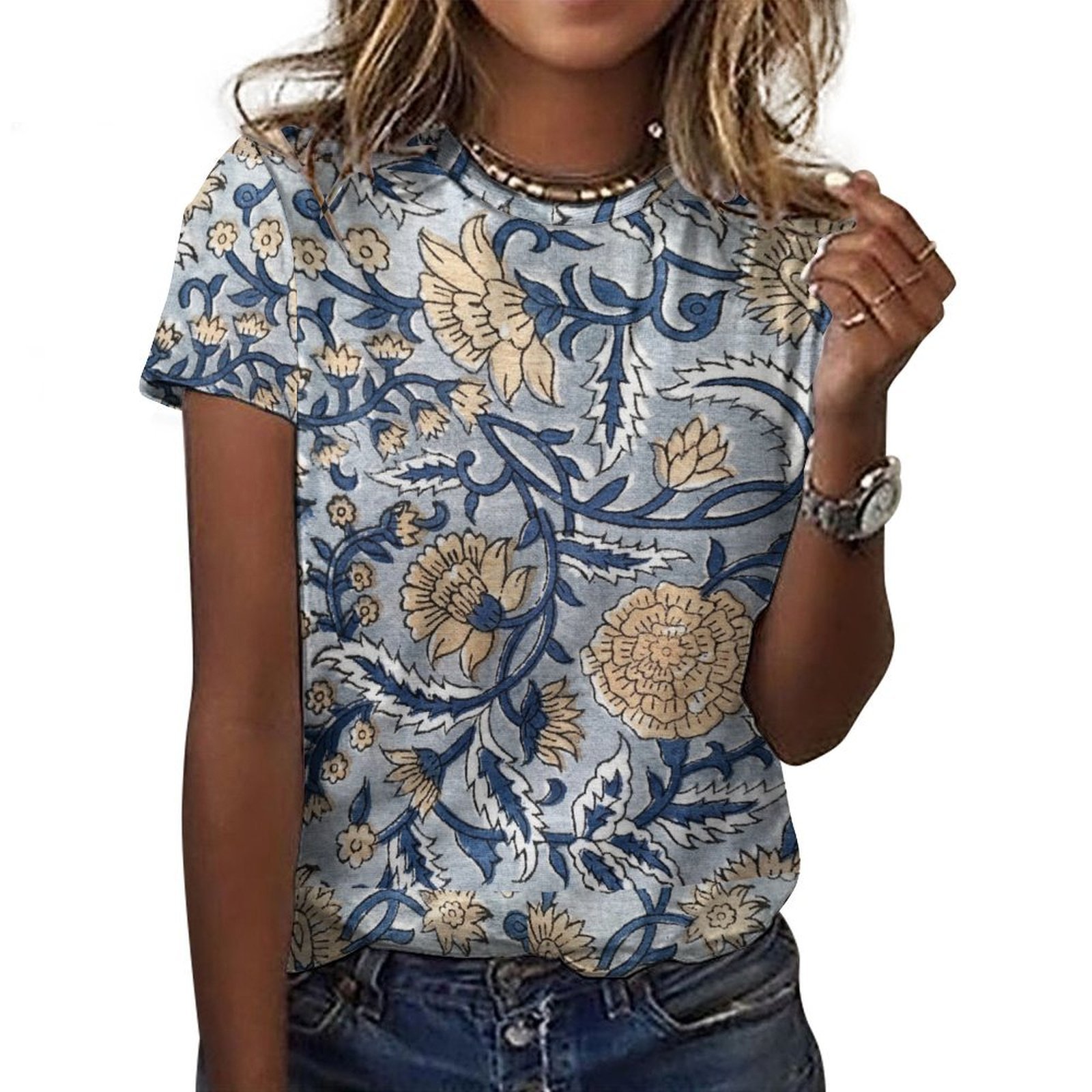 Blue & Beige Floral Print T-Shirt