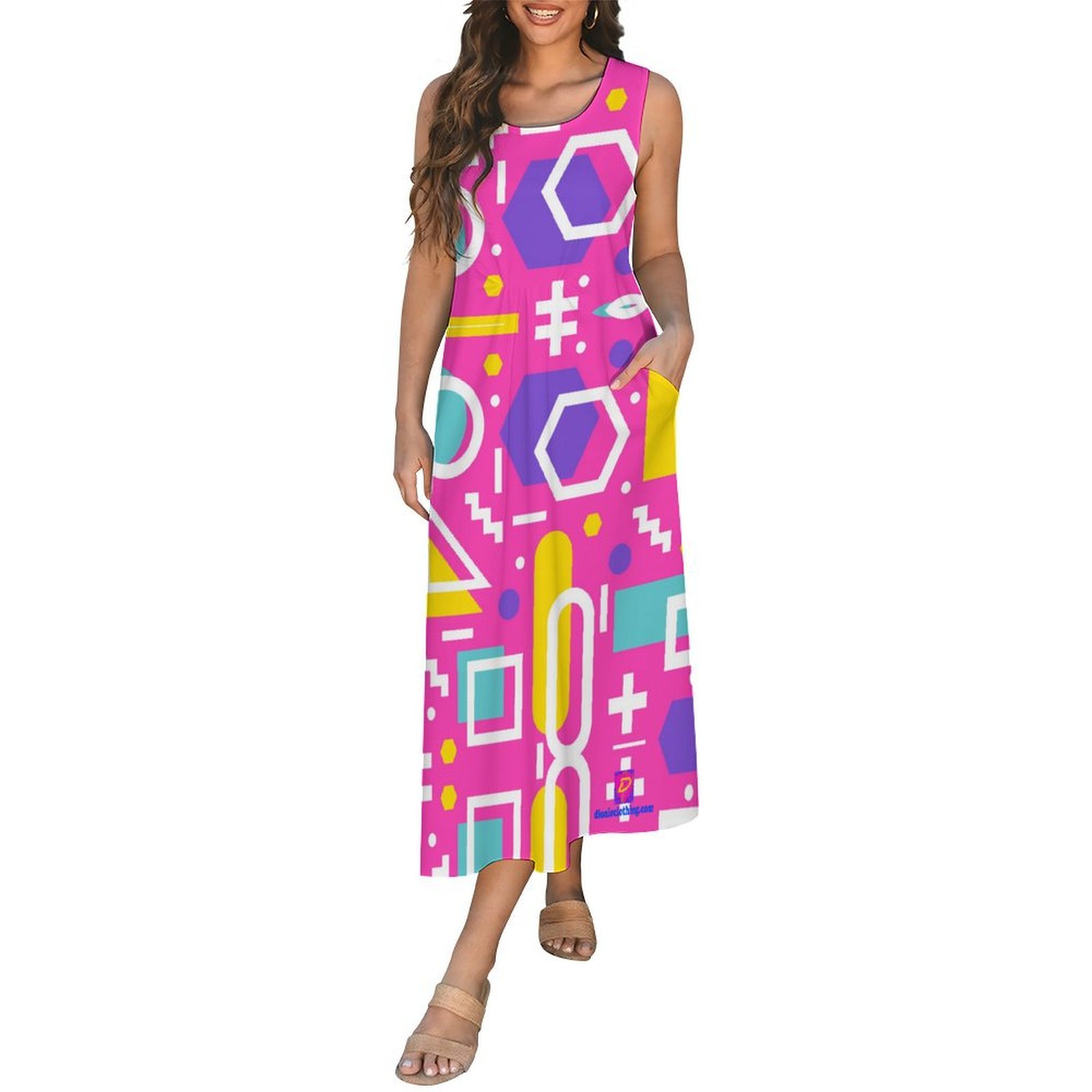 DIONIO Clothing - Ladies Pink Geo Sleeveless Midi Dress